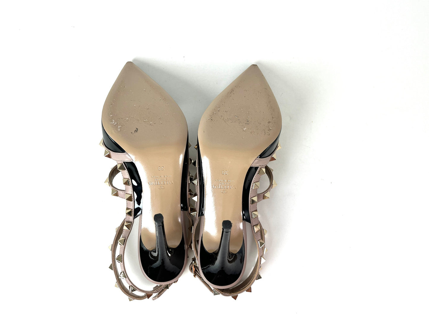 Valentino Rockstud Studded Black Patent Beige Leather 100mm Pumps 39 8.5