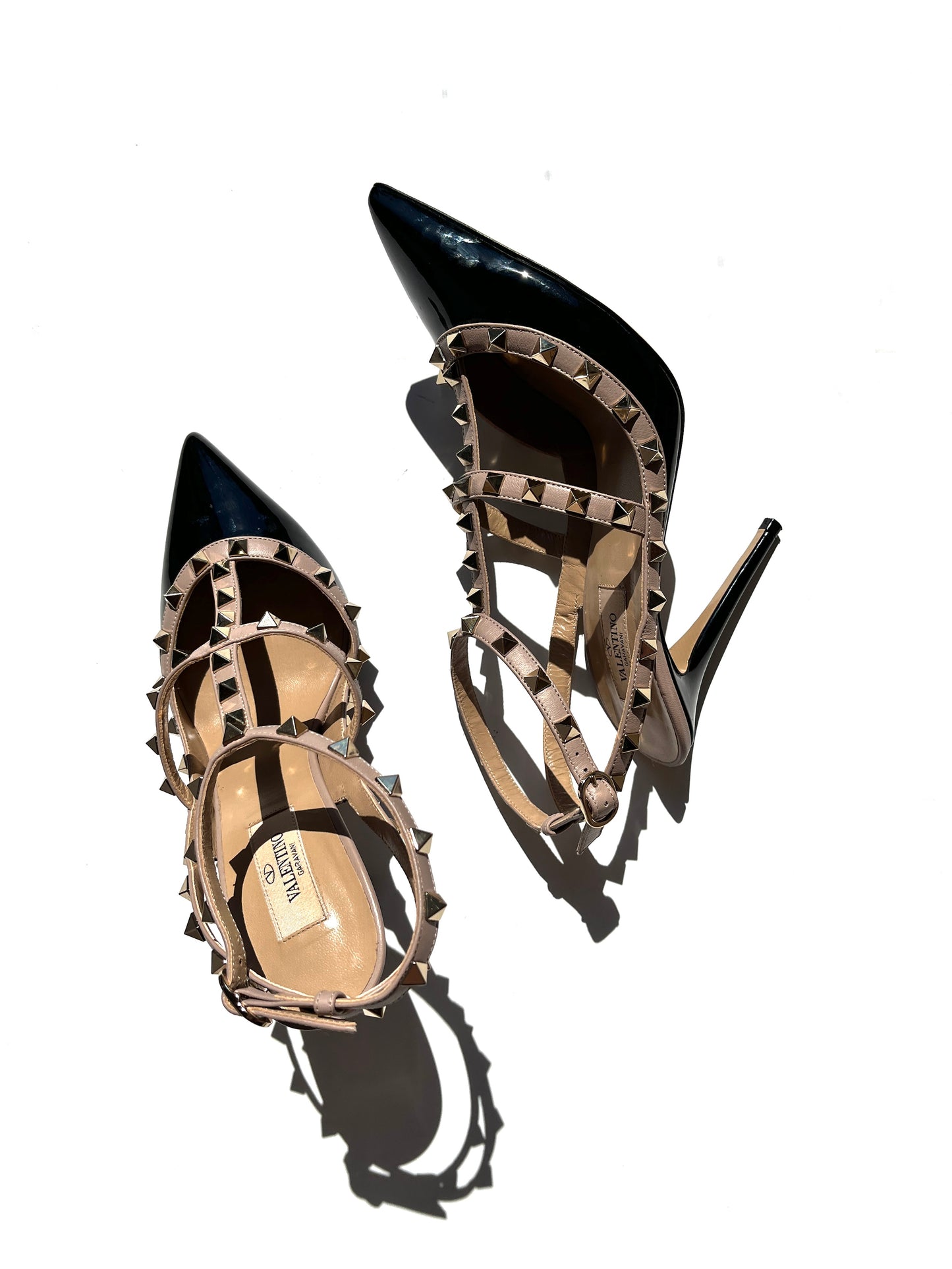 Valentino Rockstud Studded Black Patent Beige Leather 100mm Pumps 39 8.5