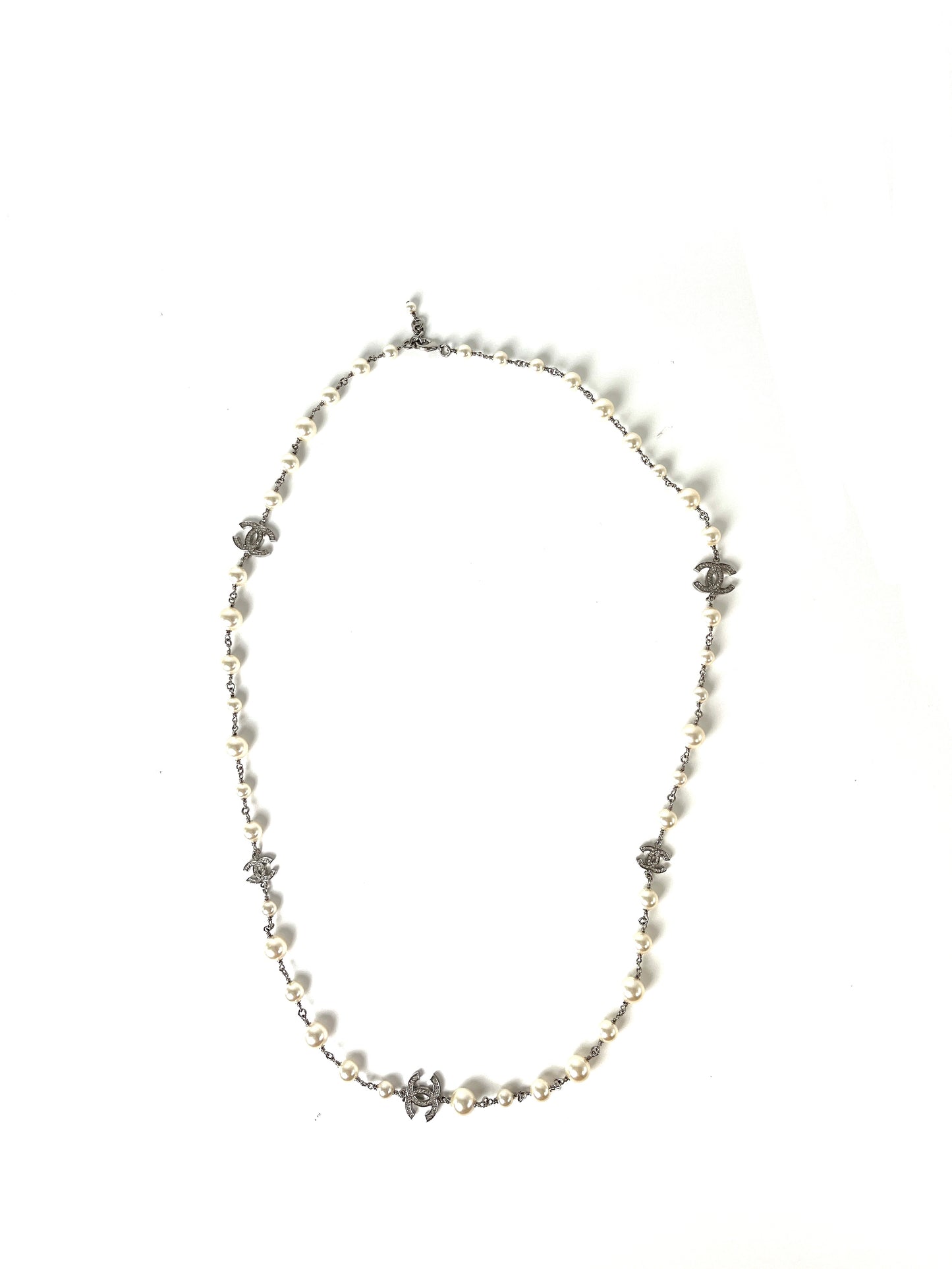 CHANEL Faux Pearl and Strass 2020 CC Long Station Classic Necklace