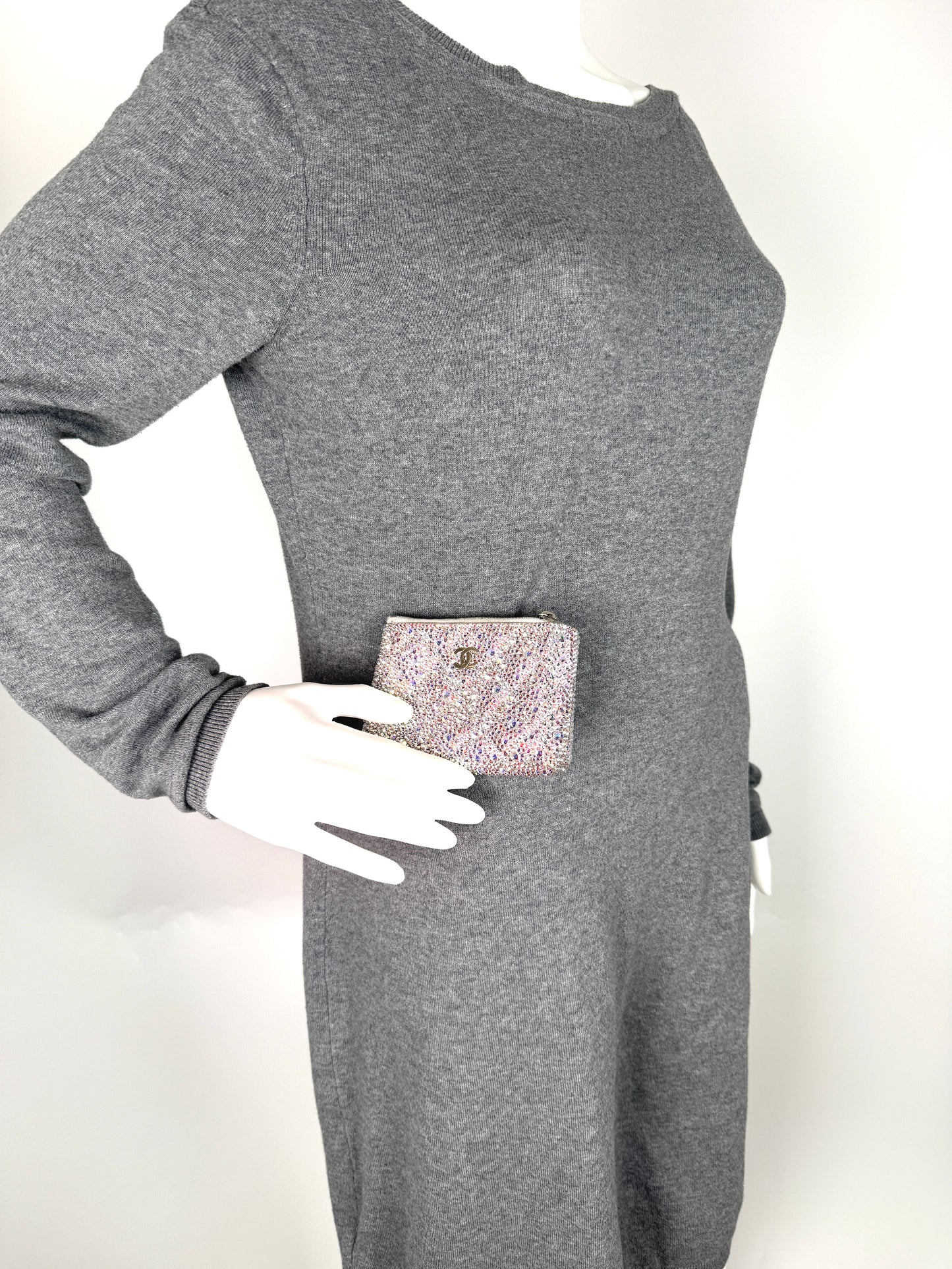 CHANEL Silver Swarovski Crystal Leather Key Pouch Case Holder