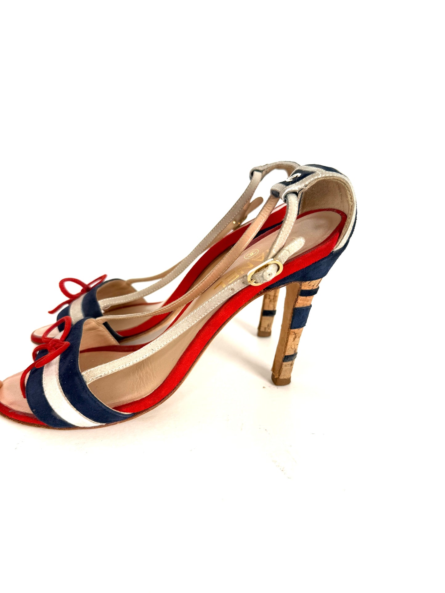 CHANEL Red Blue White Suede Bow CC Cork Heel Sandals Heels 37 6.5
