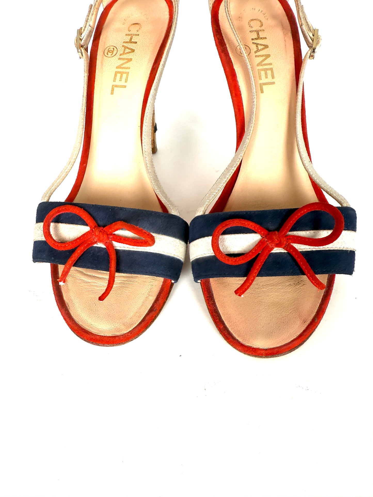 CHANEL Red Blue White Suede Bow CC Cork Heel Sandals Heels 37 6.5