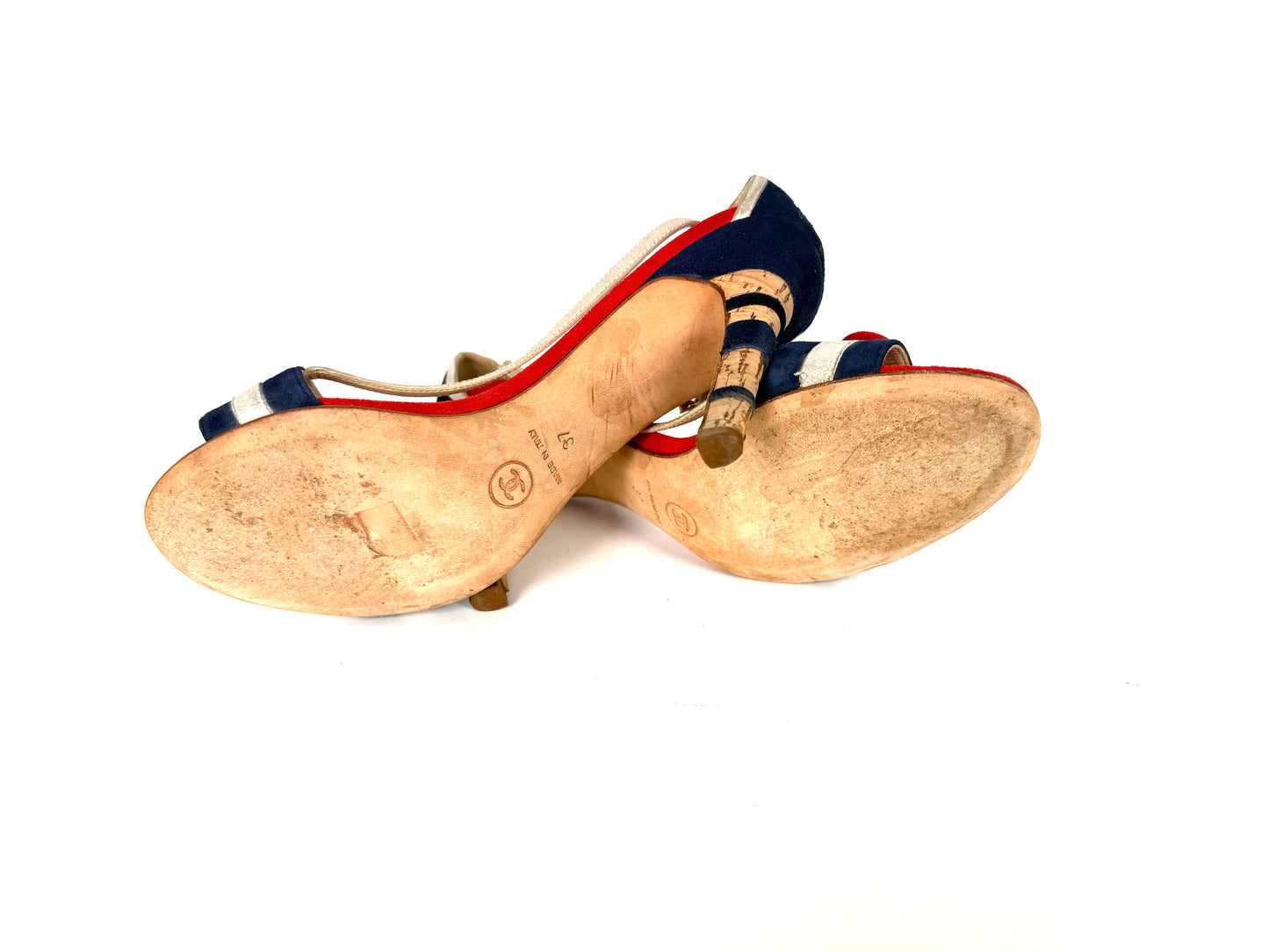 CHANEL Red Blue White Suede Bow CC Cork Heel Sandals Heels 37 6.5