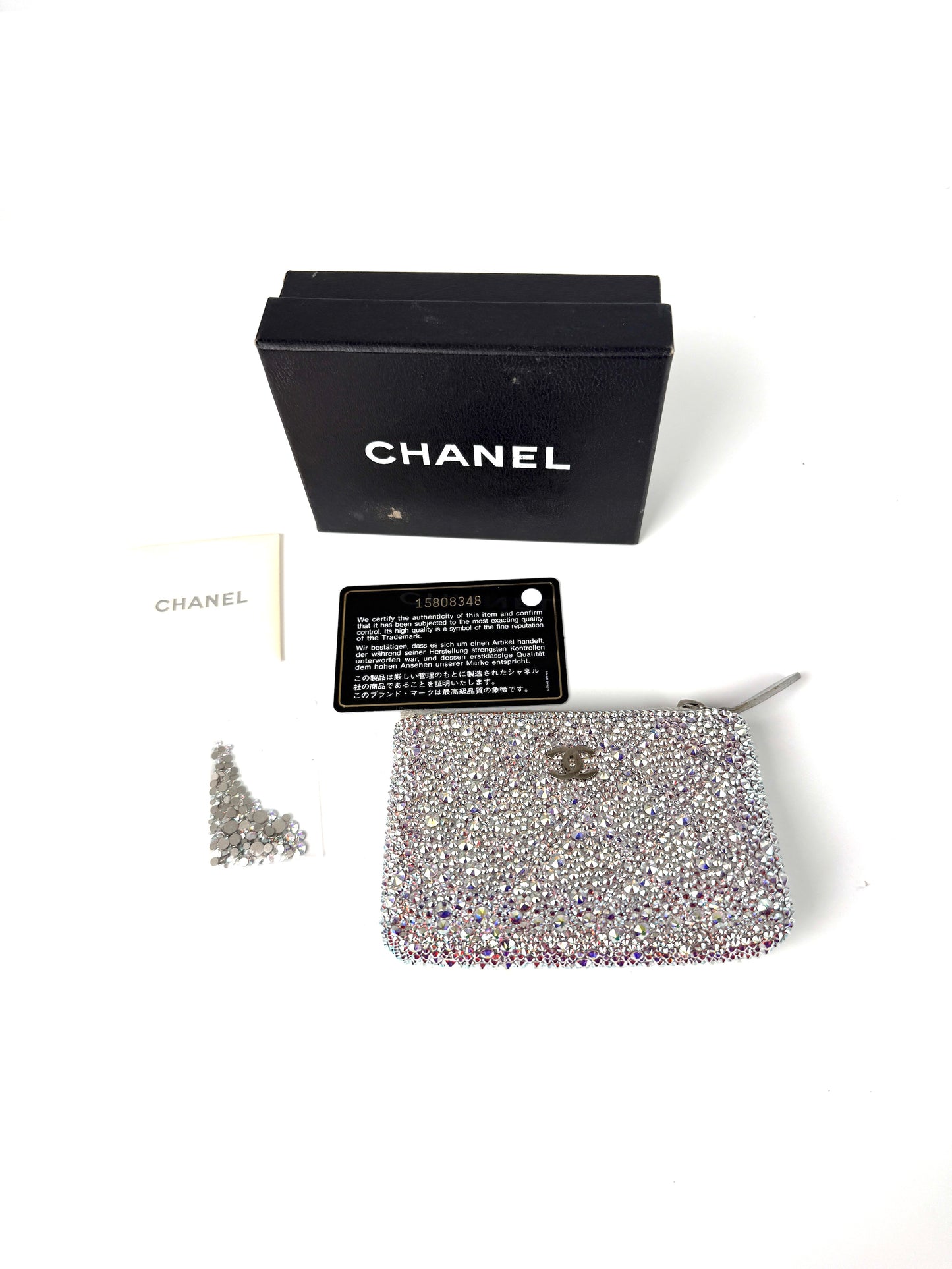 CHANEL Silver Swarovski Crystal Leather Key Pouch Case Holder