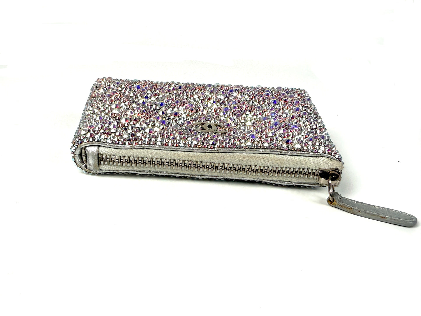 CHANEL Silver Swarovski Crystal Leather Key Pouch Case Holder