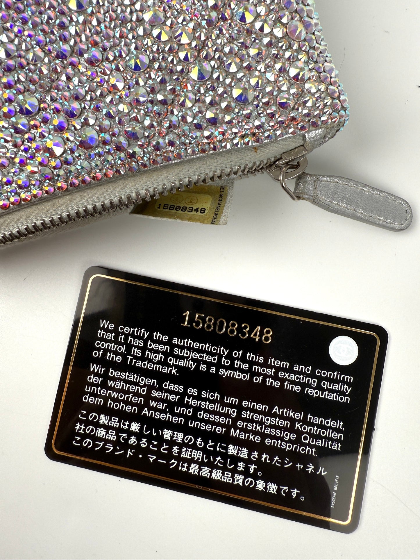 CHANEL Silver Swarovski Crystal Leather Key Pouch Case Holder
