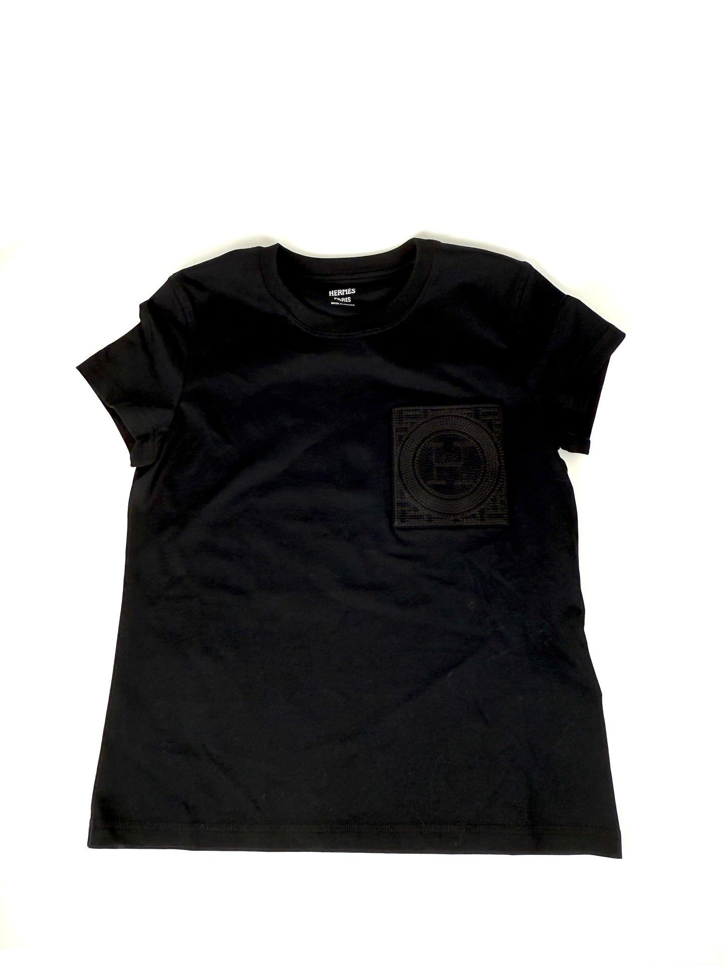 New Hermes Embroidered Pocket Black Cotton Crew Neck T shirt Top 34, 2