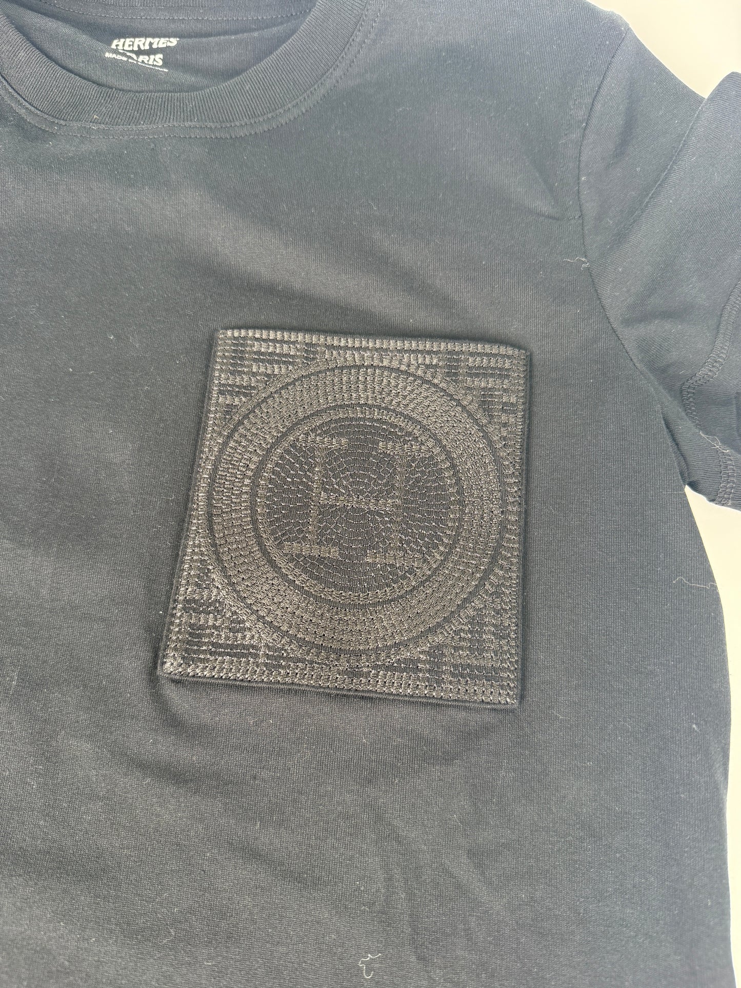 New Hermes Embroidered Pocket Black Cotton Crew Neck T shirt Top 34, 2