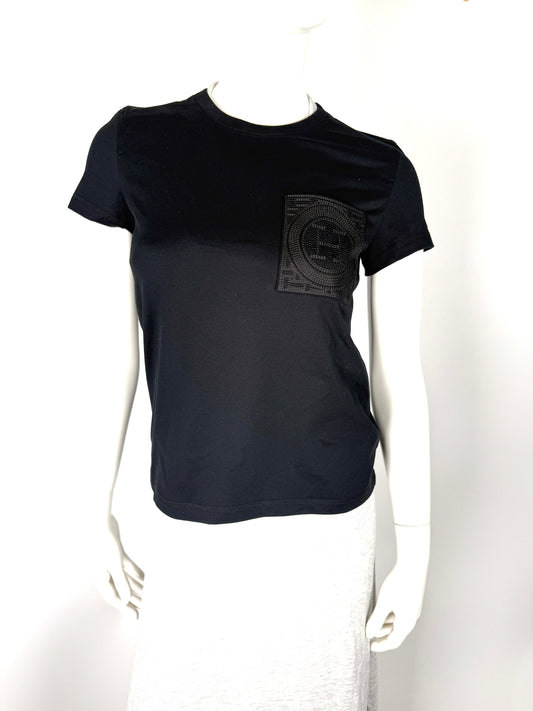 New Hermes Embroidered Pocket Black Cotton Crew Neck T shirt Top 34, 2