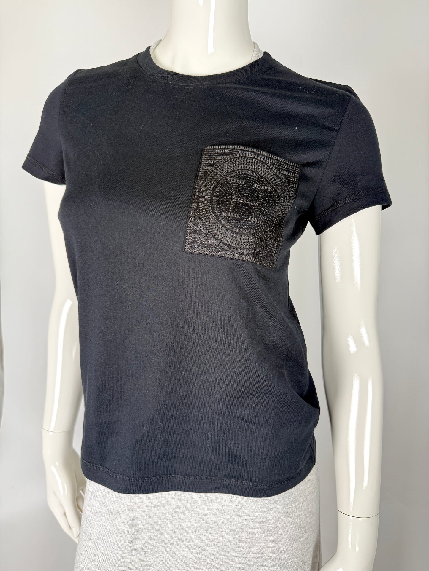 New Hermes Embroidered Pocket Black Cotton Crew Neck T shirt Top 34, 2