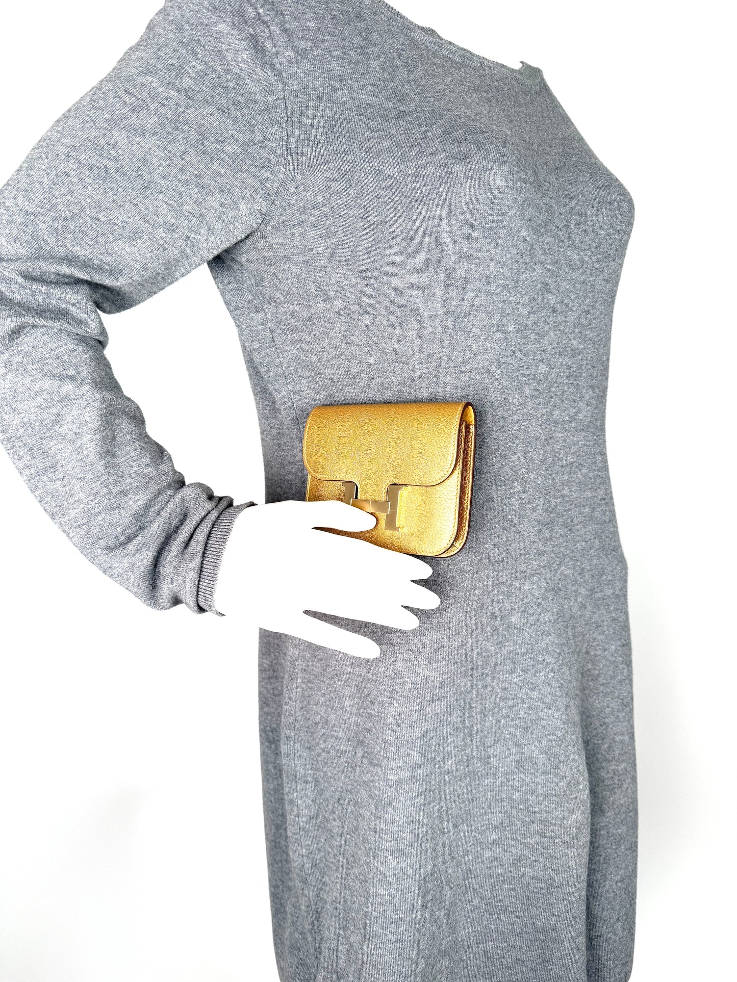 New HERMES Constance Slim Compact Dore Gold Chamkilight Goatskin Wallet Belt Bag