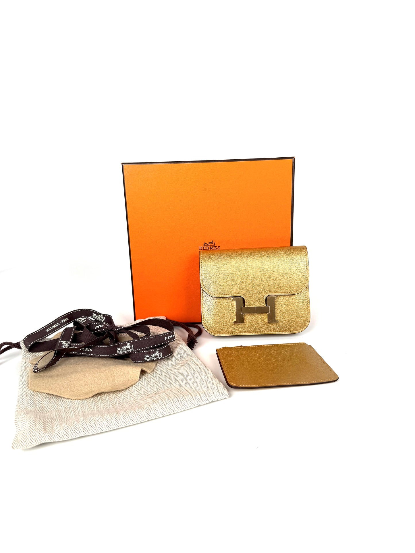 New HERMES Constance Slim Compact Dore Gold Chamkilight Goatskin Wallet Belt Bag