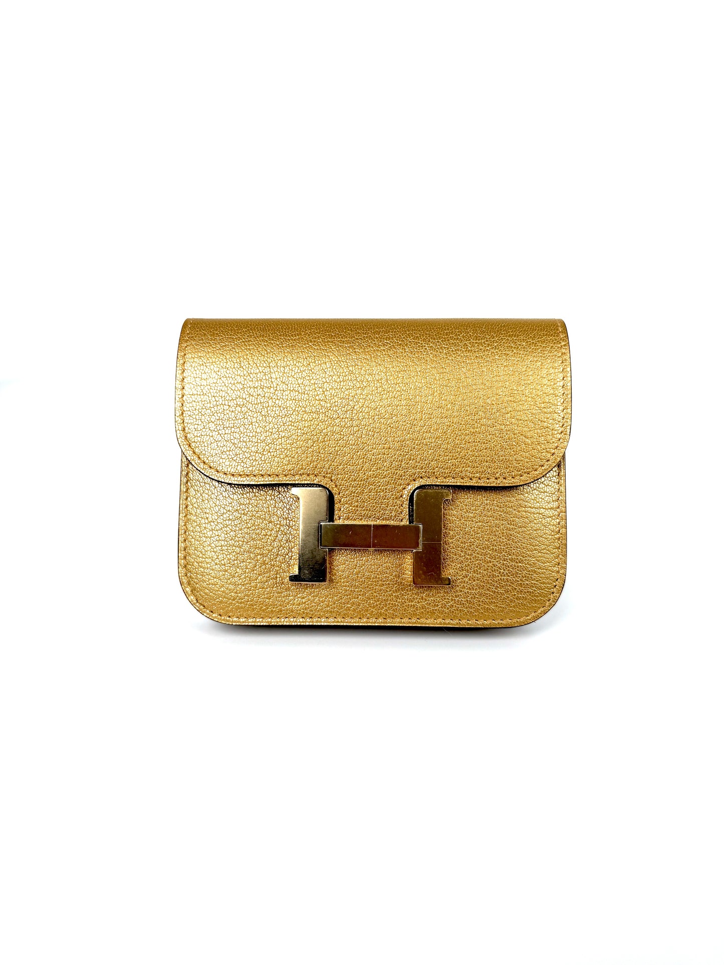 New HERMES Constance Slim Compact Dore Gold Chamkilight Goatskin Wallet Belt Bag