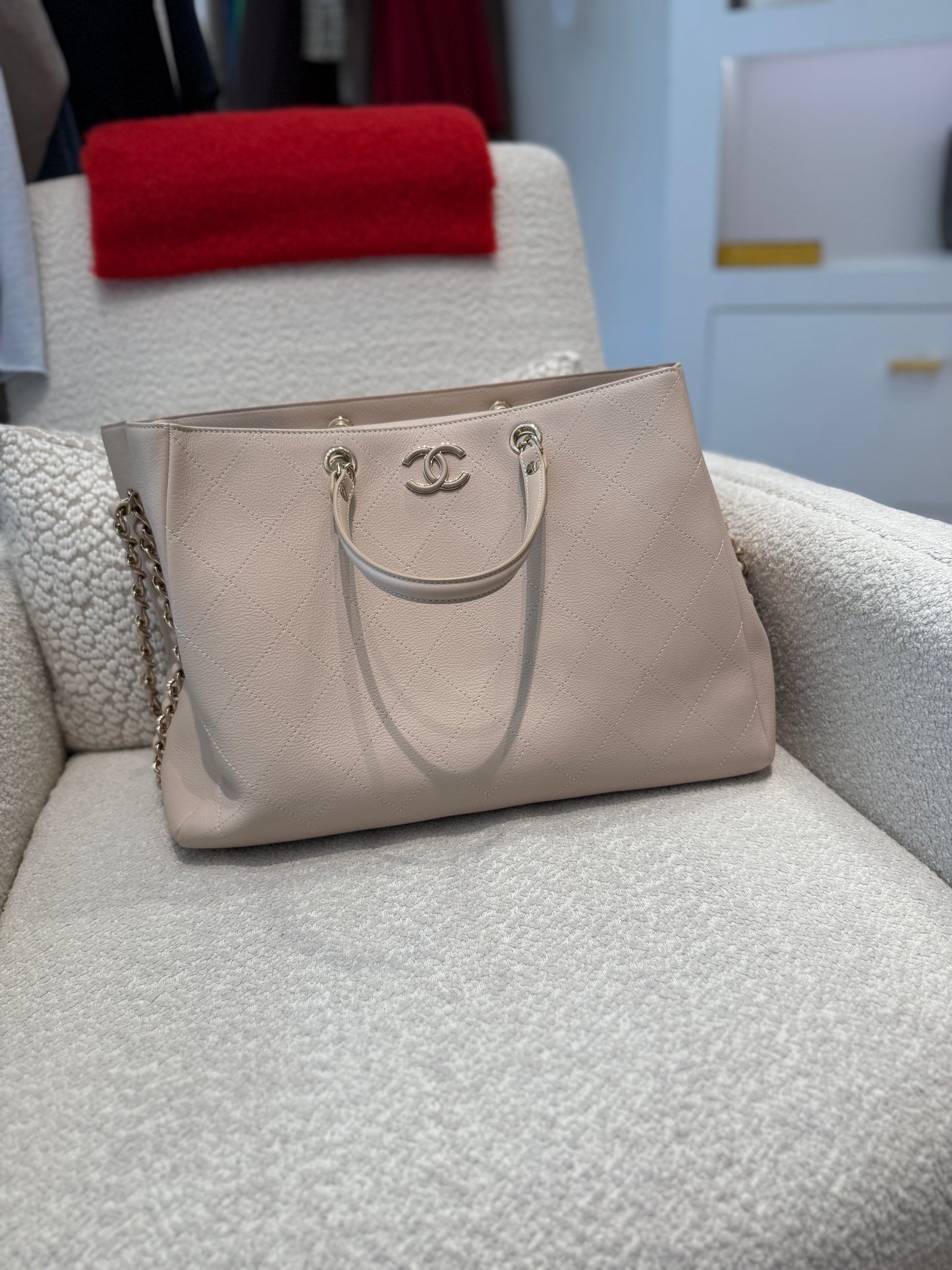 CHANEL Bullskin Stitched Cream Shopping Tote Bag