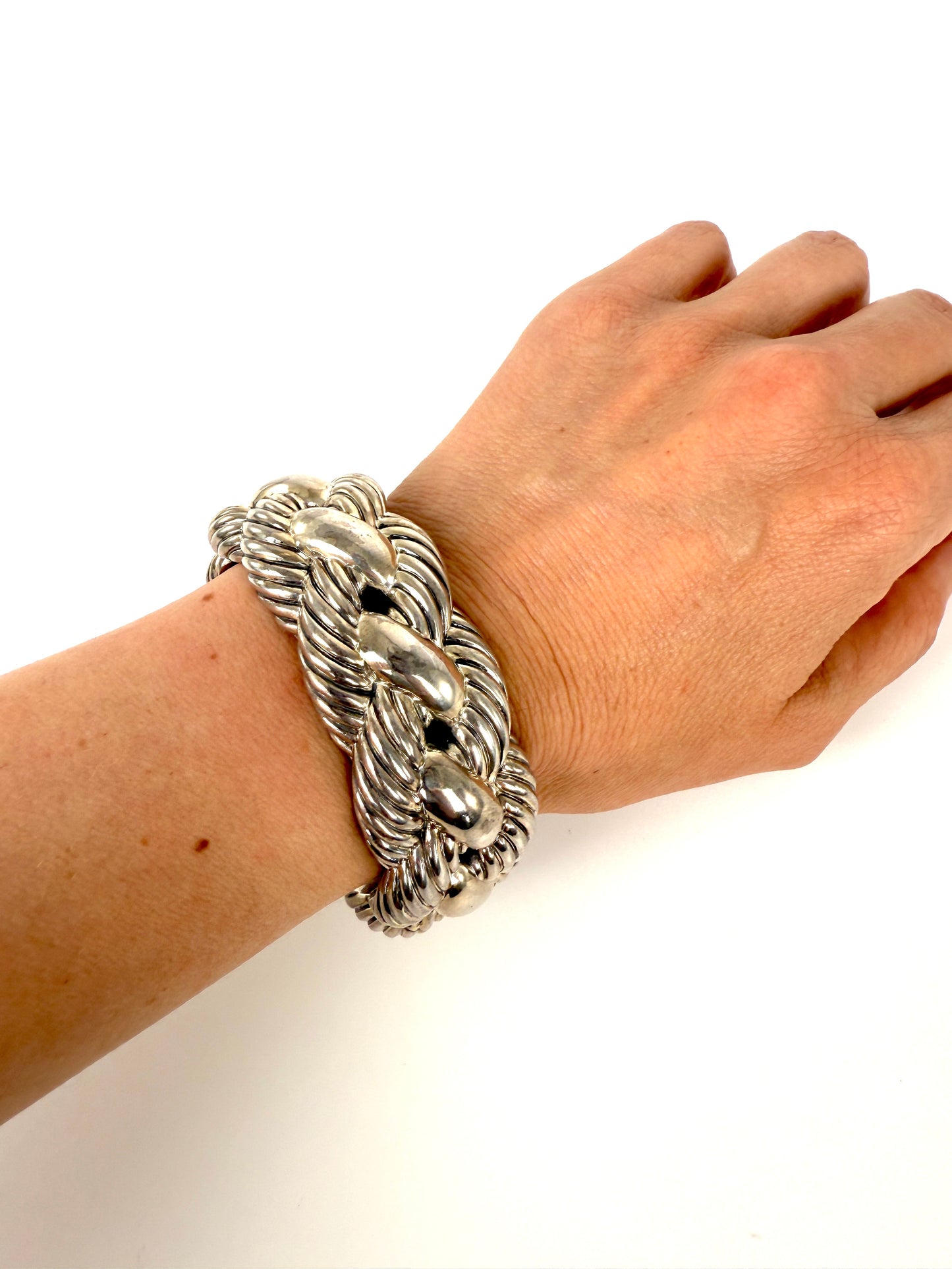 David Yurman Wide Woven Hinge Cuff Sterling Silver Bracelet S