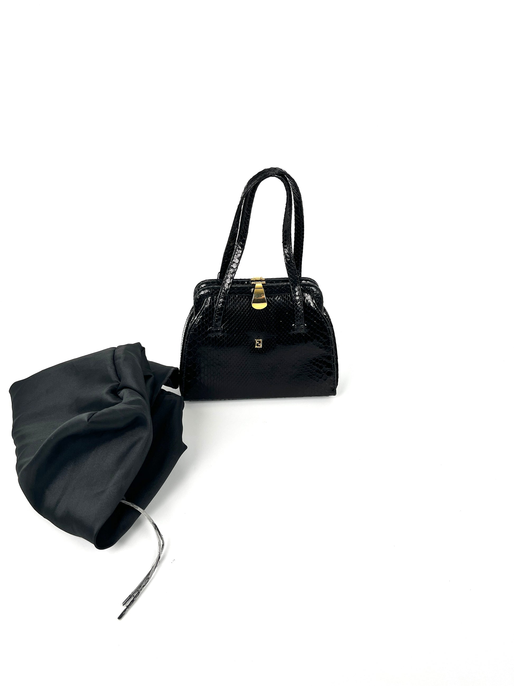 Vintage FENDI Snakeskin Black Mini Top Handle Satchel Bag