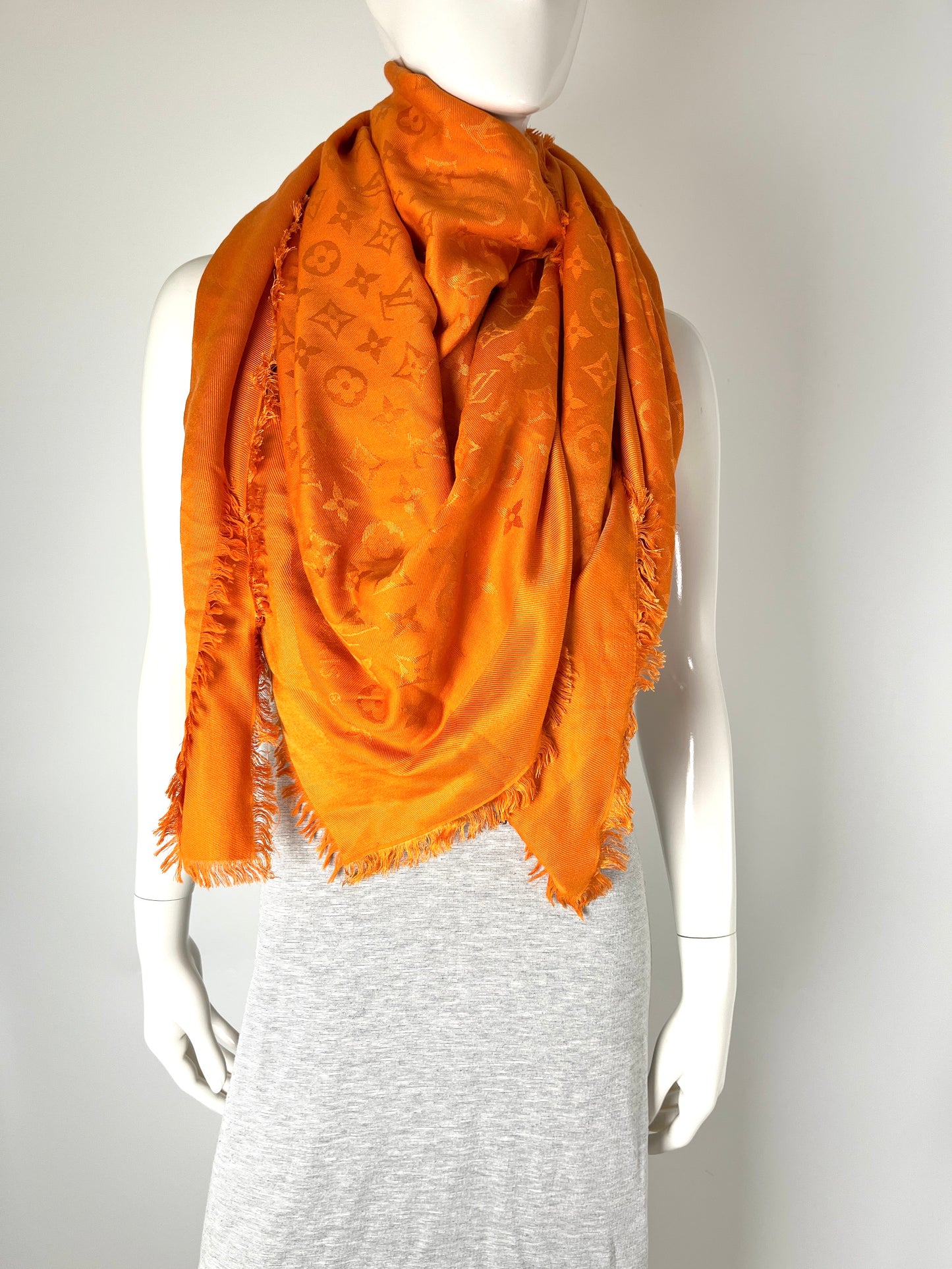 Louis Vuitton Classic Monogram Silk Fringe Orange Square Shawl Scarf