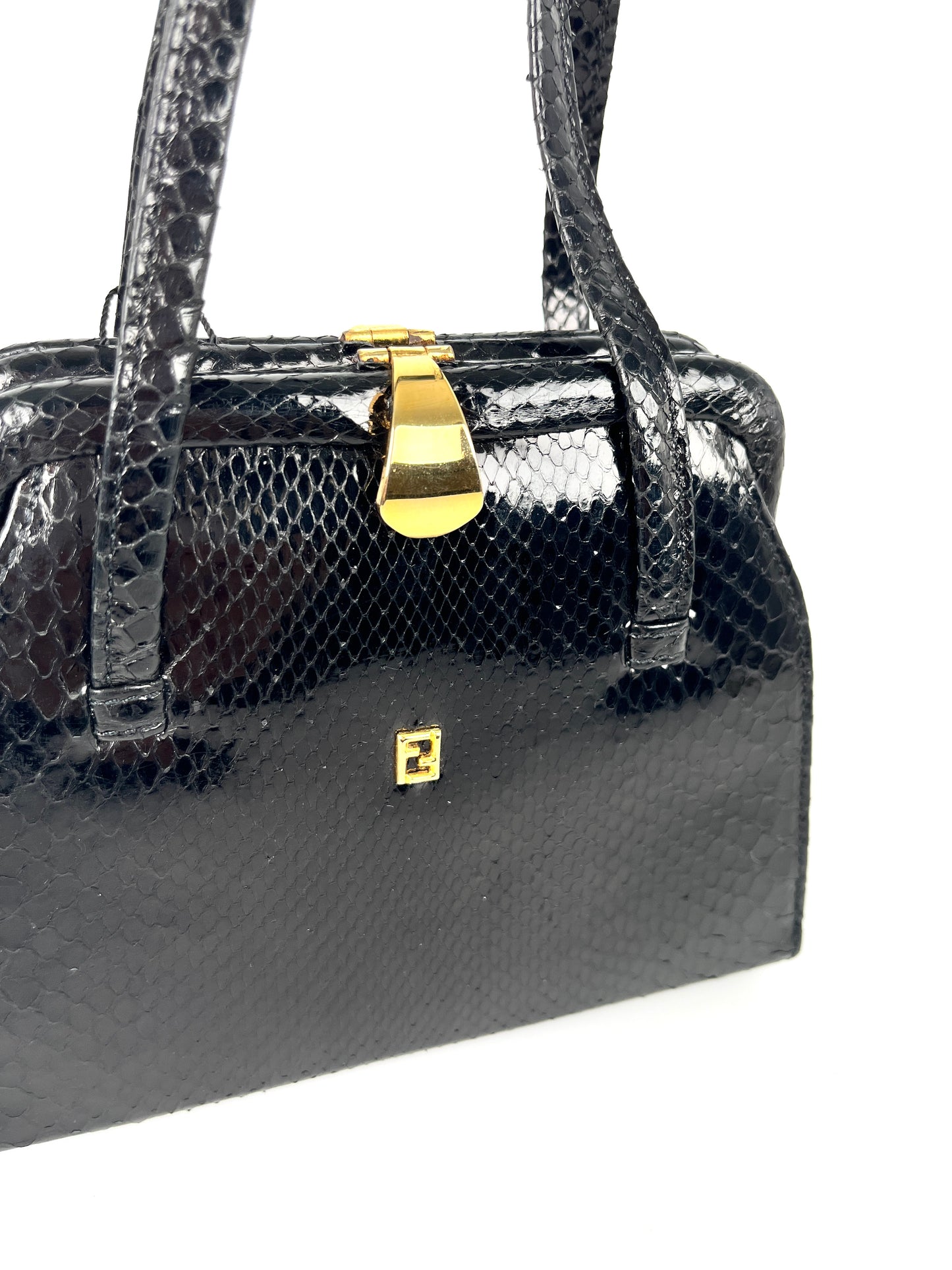 Vintage FENDI Snakeskin Black Mini Top Handle Satchel Bag