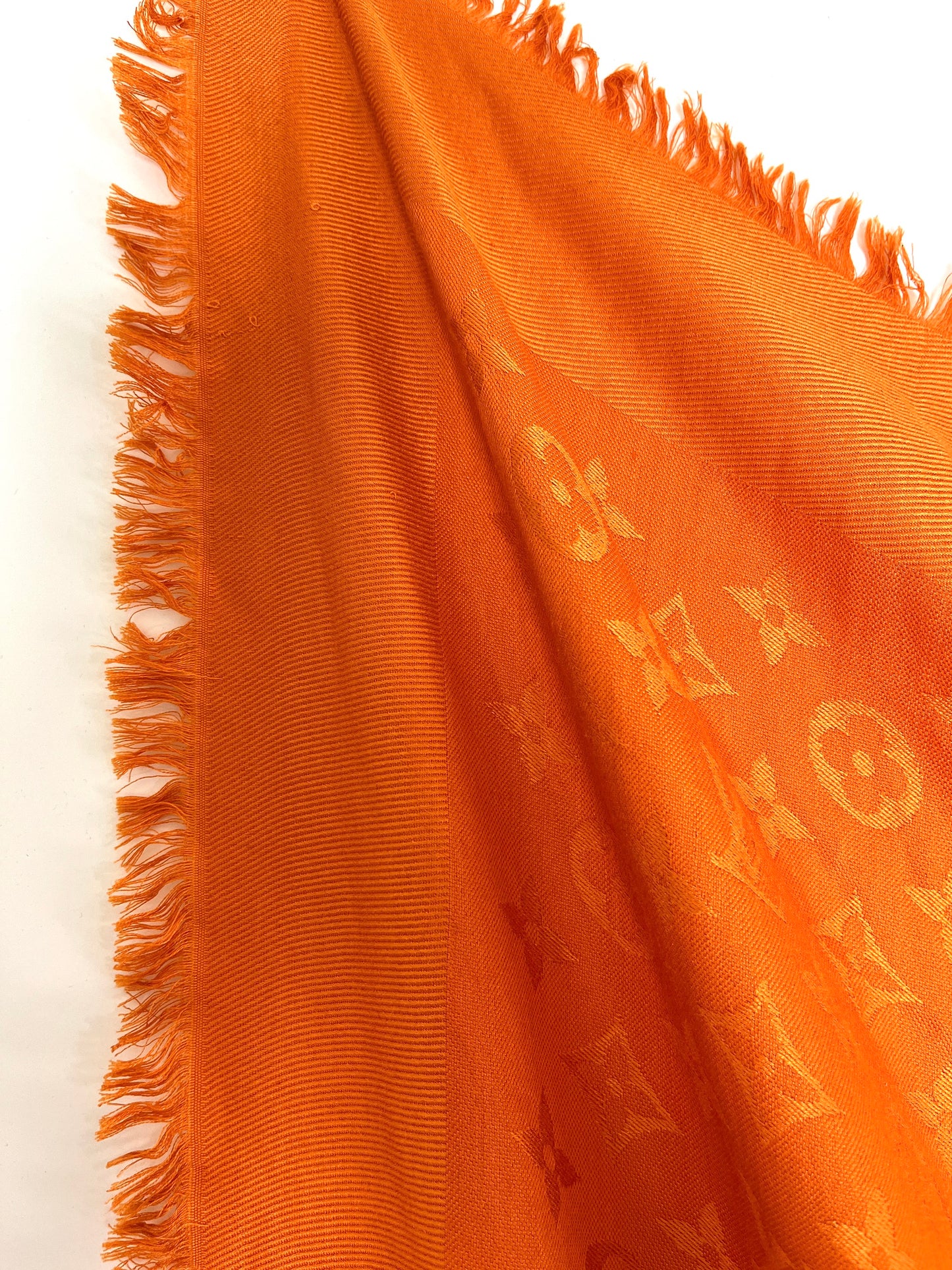 Louis Vuitton Classic Monogram Silk Fringe Orange Square Shawl Scarf