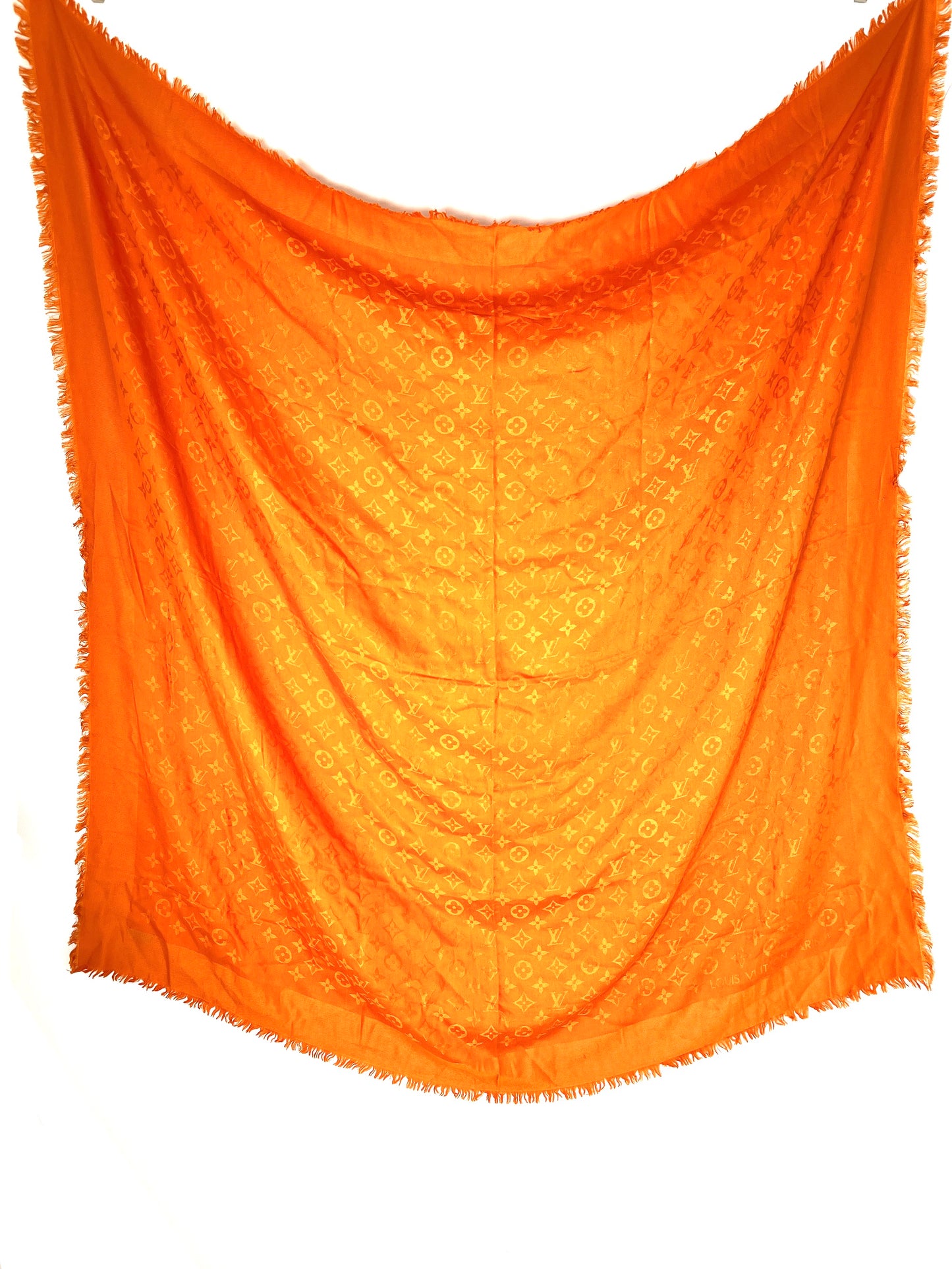 Louis Vuitton Classic Monogram Silk Fringe Orange Square Shawl Scarf