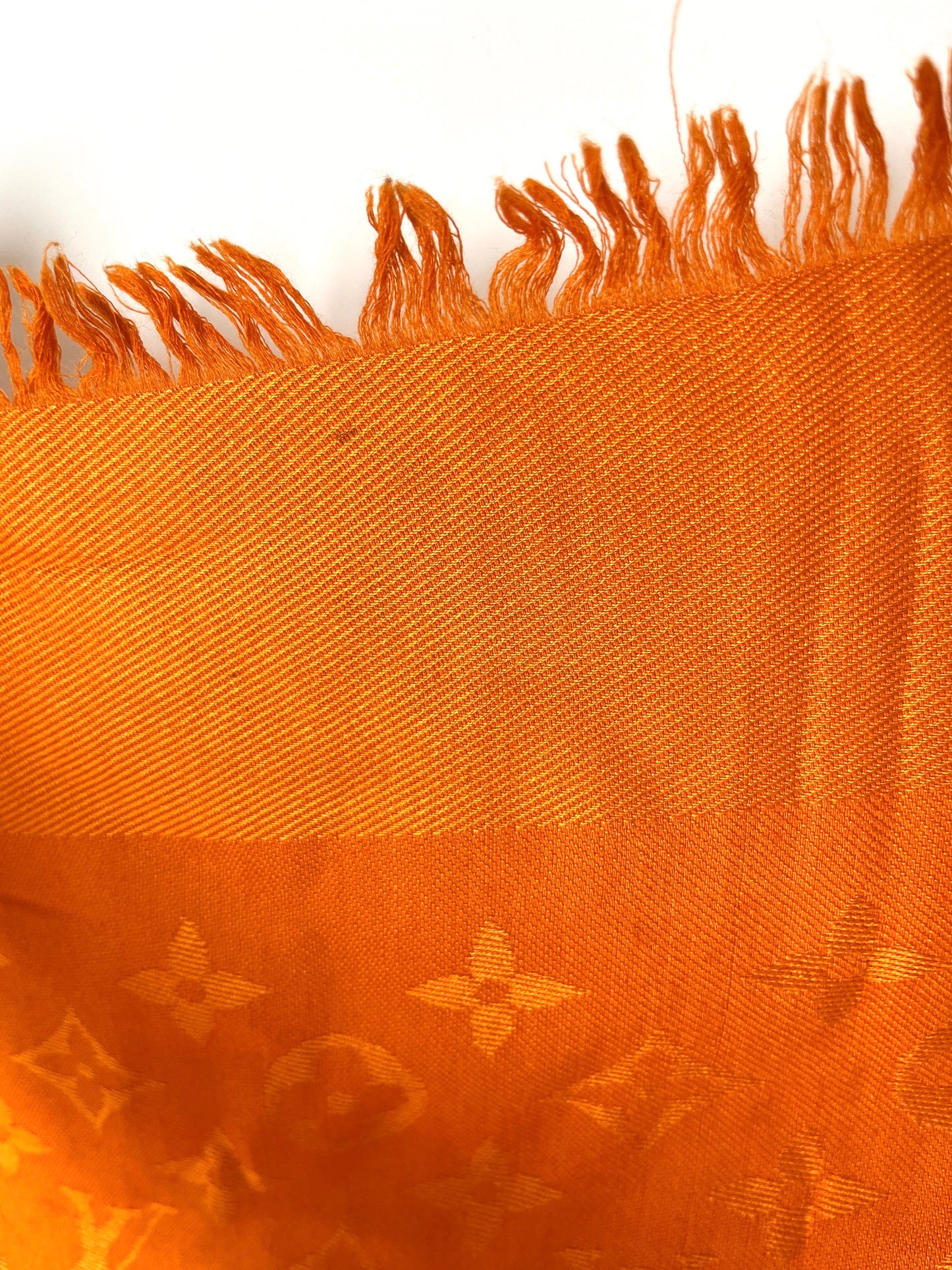 Louis Vuitton Classic Monogram Silk Fringe Orange Square Shawl Scarf