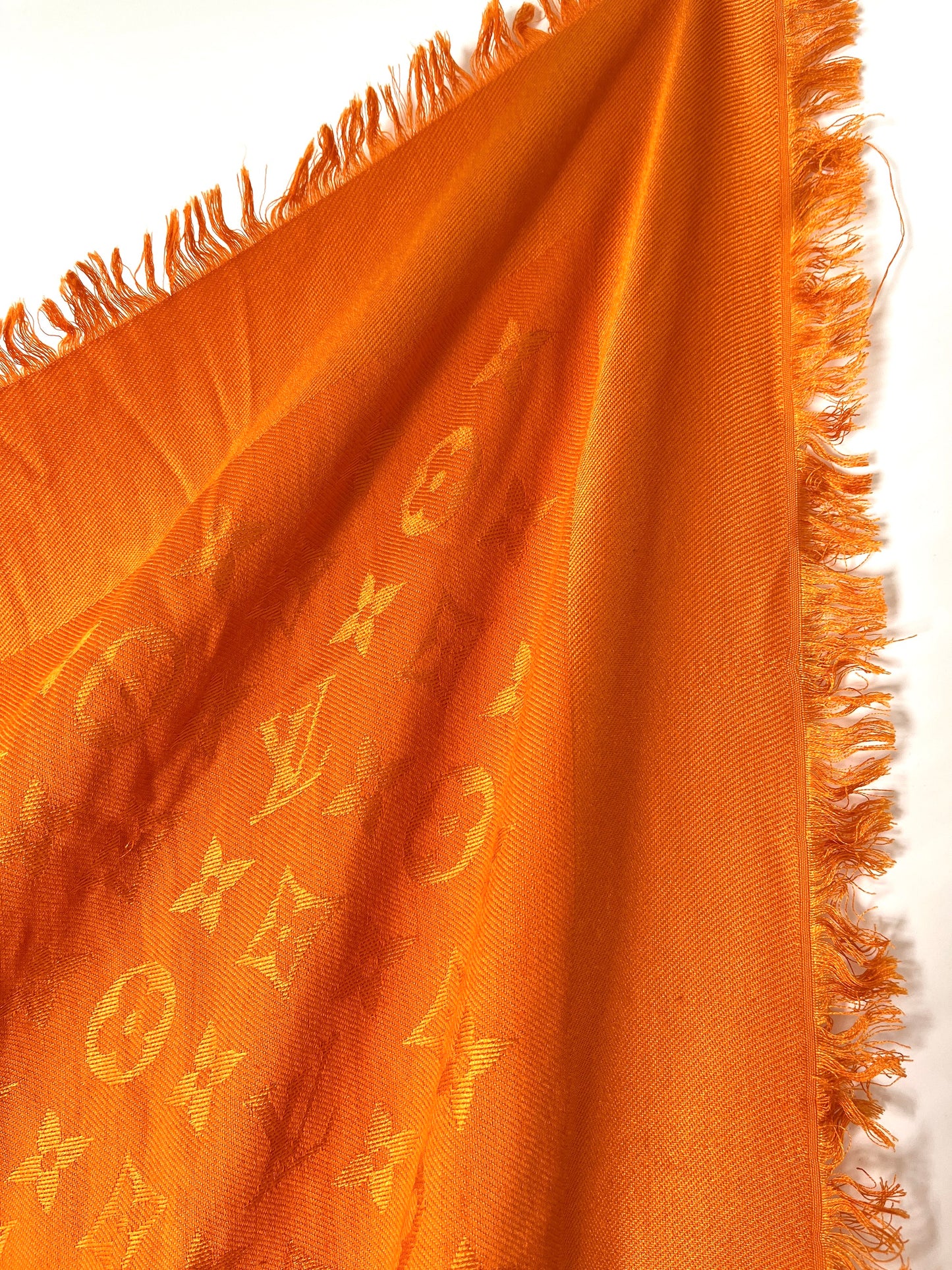 Louis Vuitton Classic Monogram Silk Fringe Orange Square Shawl Scarf