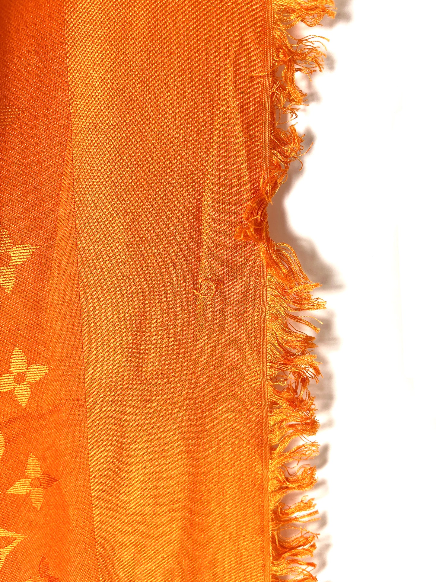 Louis Vuitton Classic Monogram Silk Fringe Orange Square Shawl Scarf