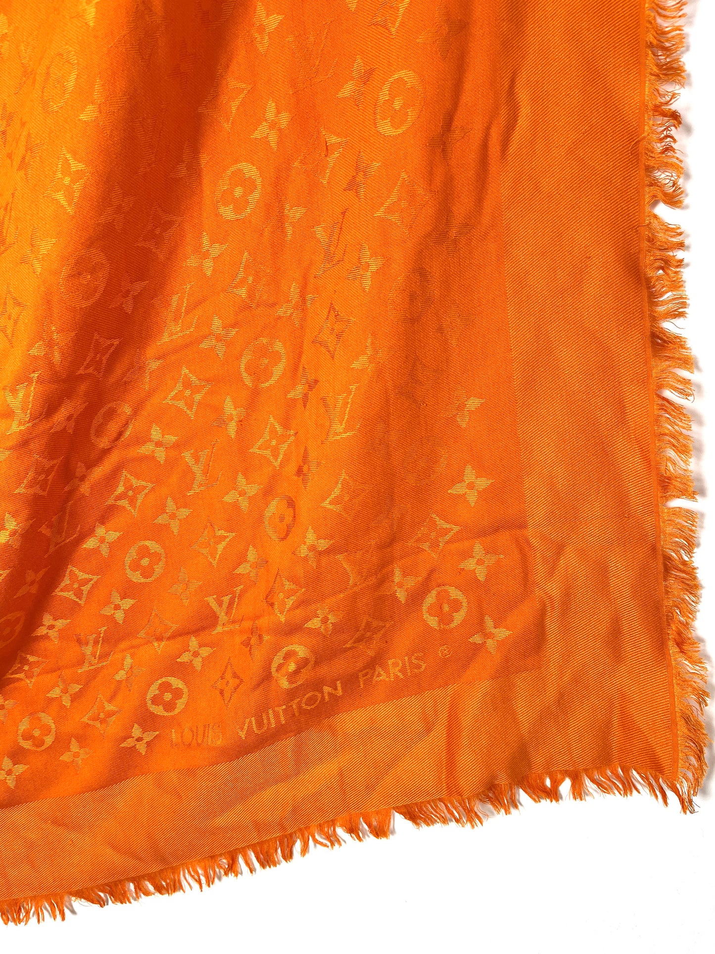 Louis Vuitton Classic Monogram Silk Fringe Orange Square Shawl Scarf