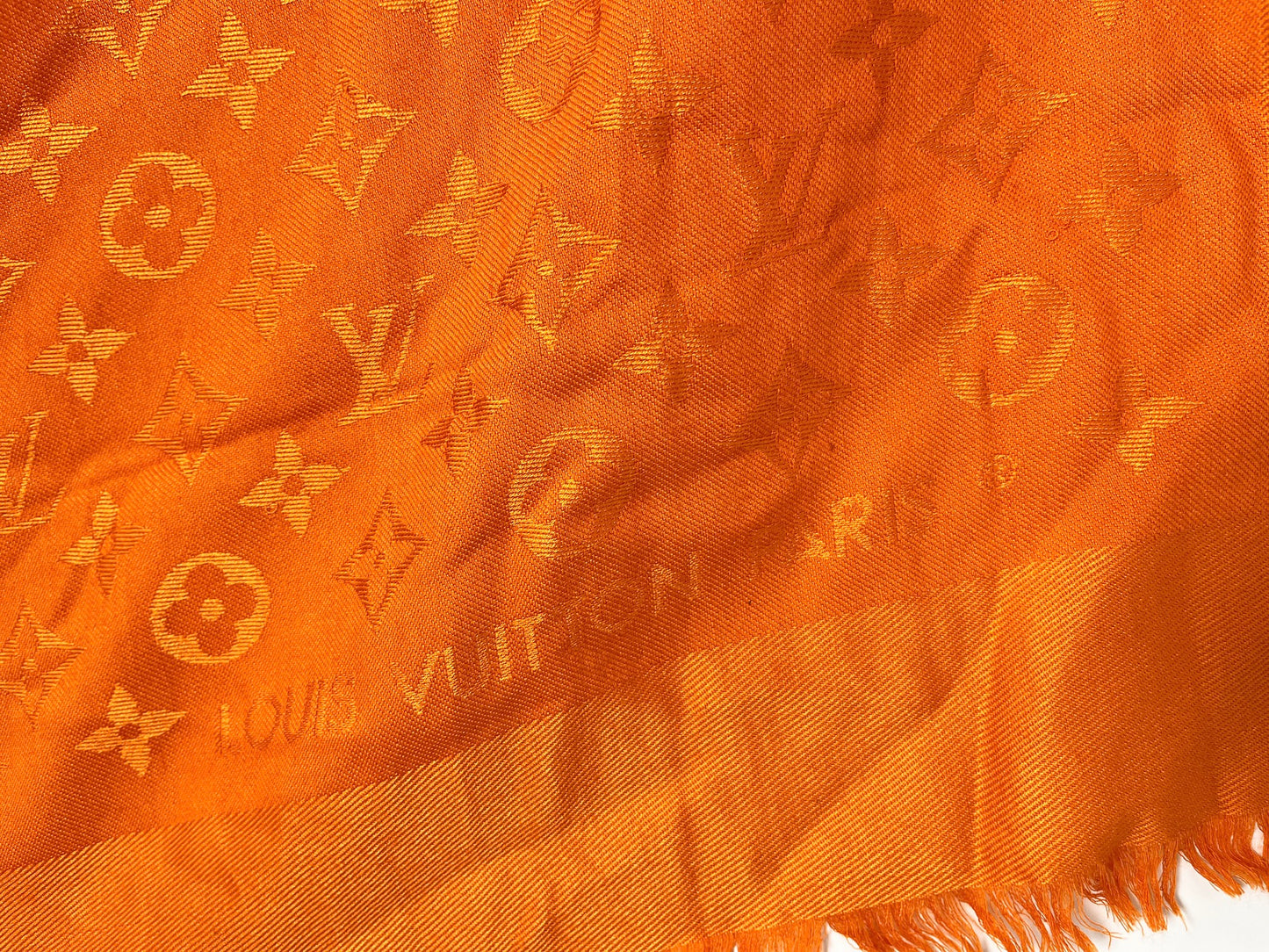 Louis Vuitton Classic Monogram Silk Fringe Orange Square Shawl Scarf