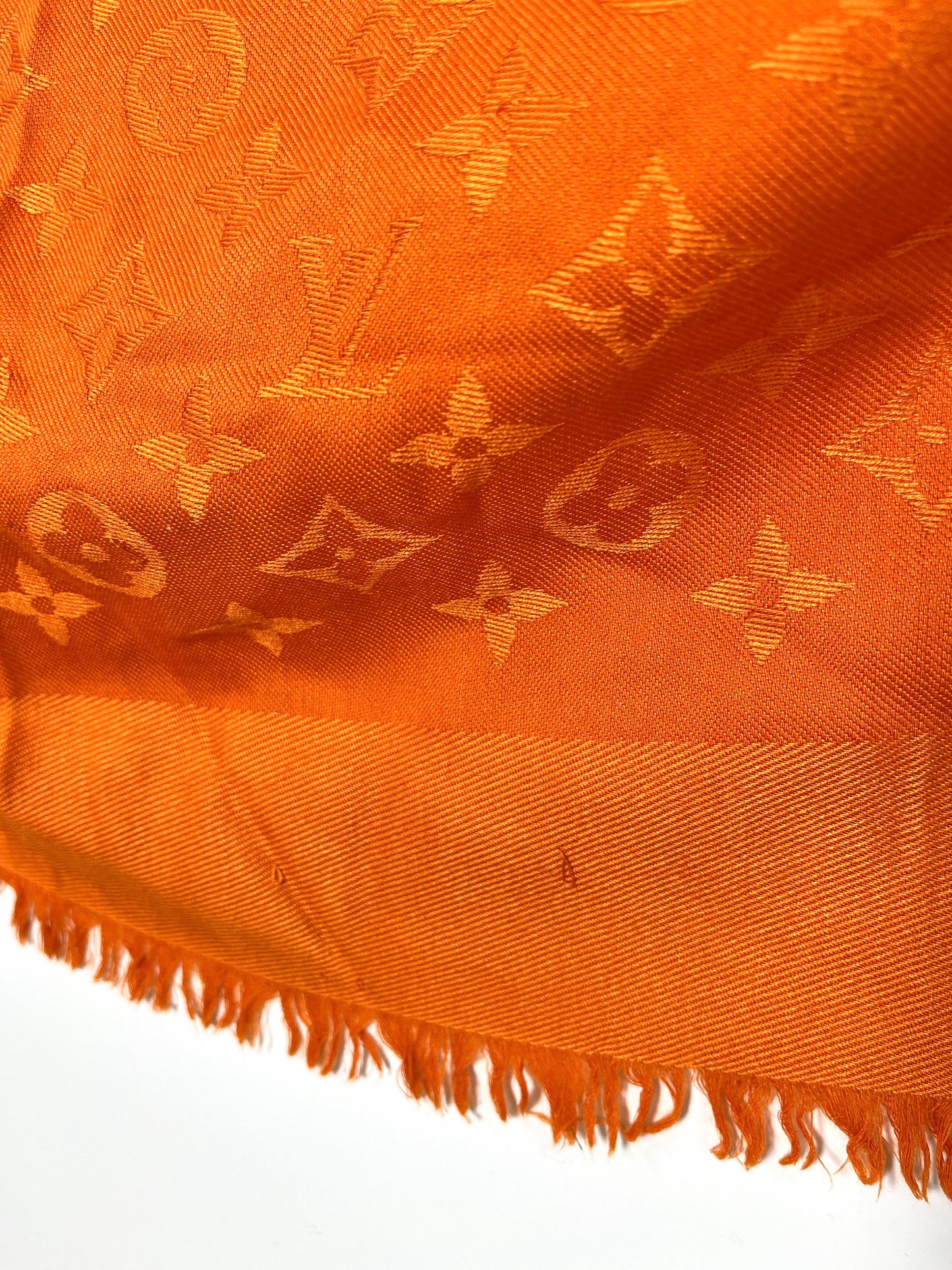 Louis Vuitton Classic Monogram Silk Fringe Orange Square Shawl Scarf