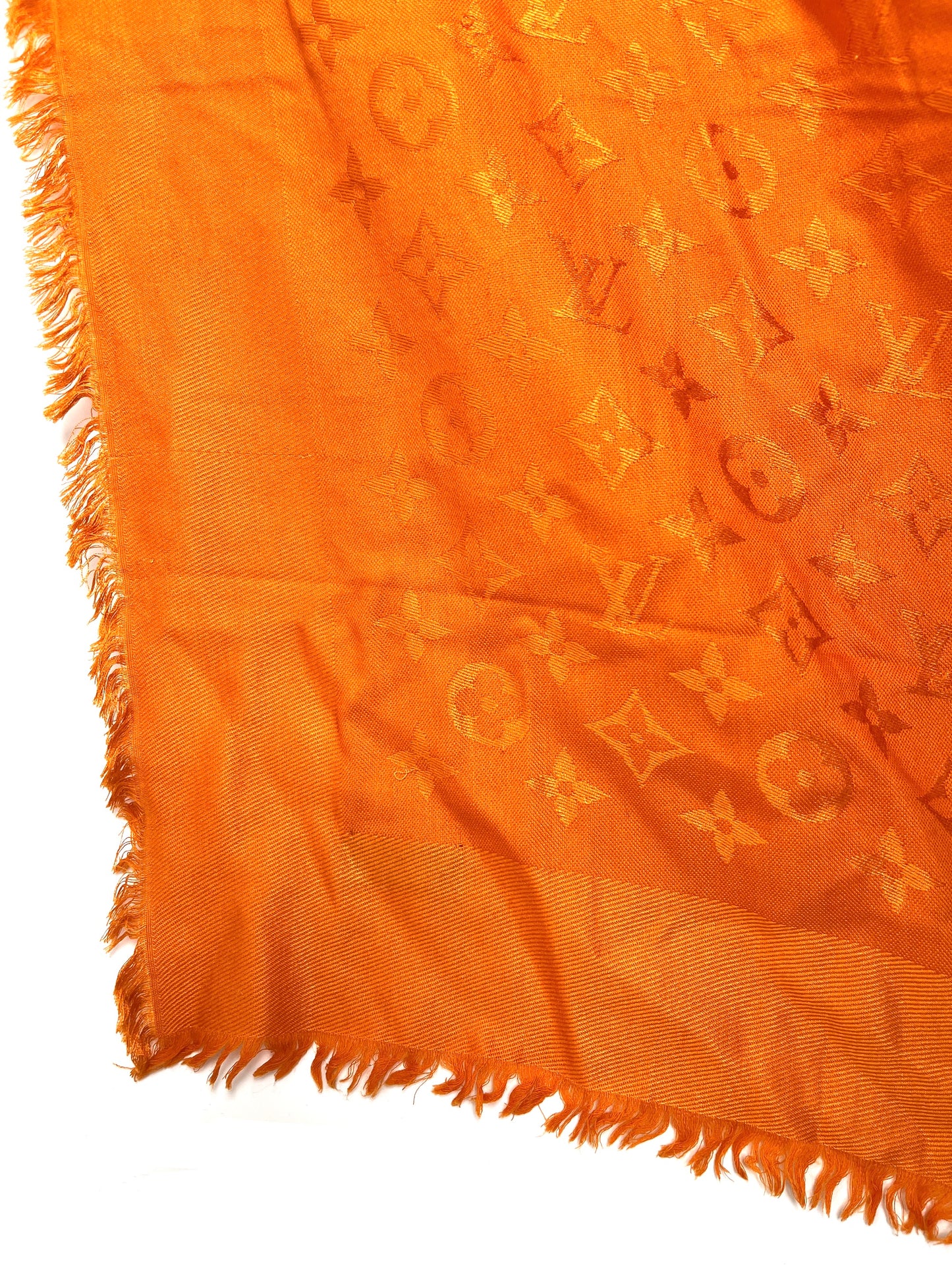 Louis Vuitton Classic Monogram Silk Fringe Orange Square Shawl Scarf