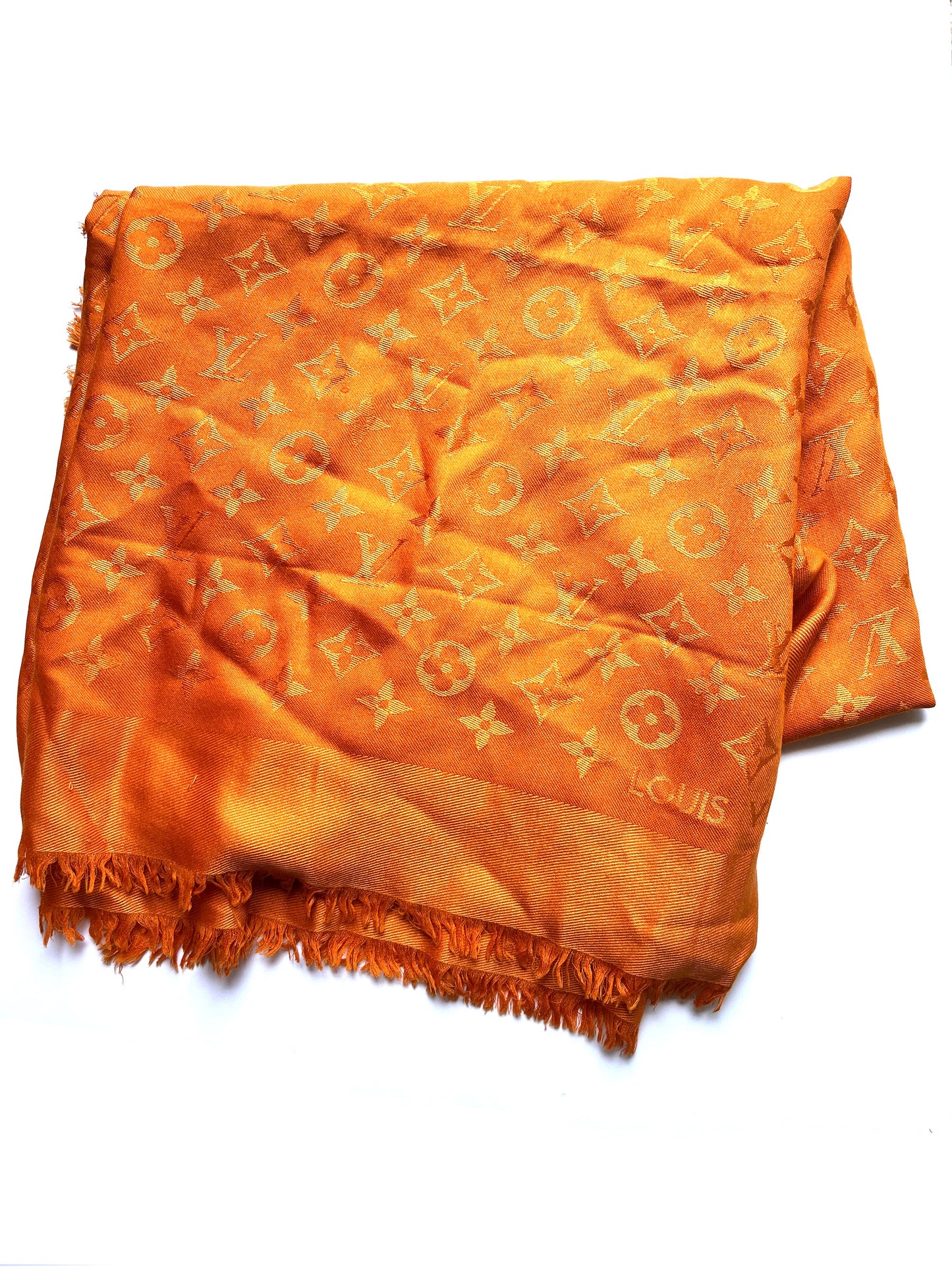 Louis Vuitton Classic Monogram Silk Fringe Orange Square Shawl Scarf
