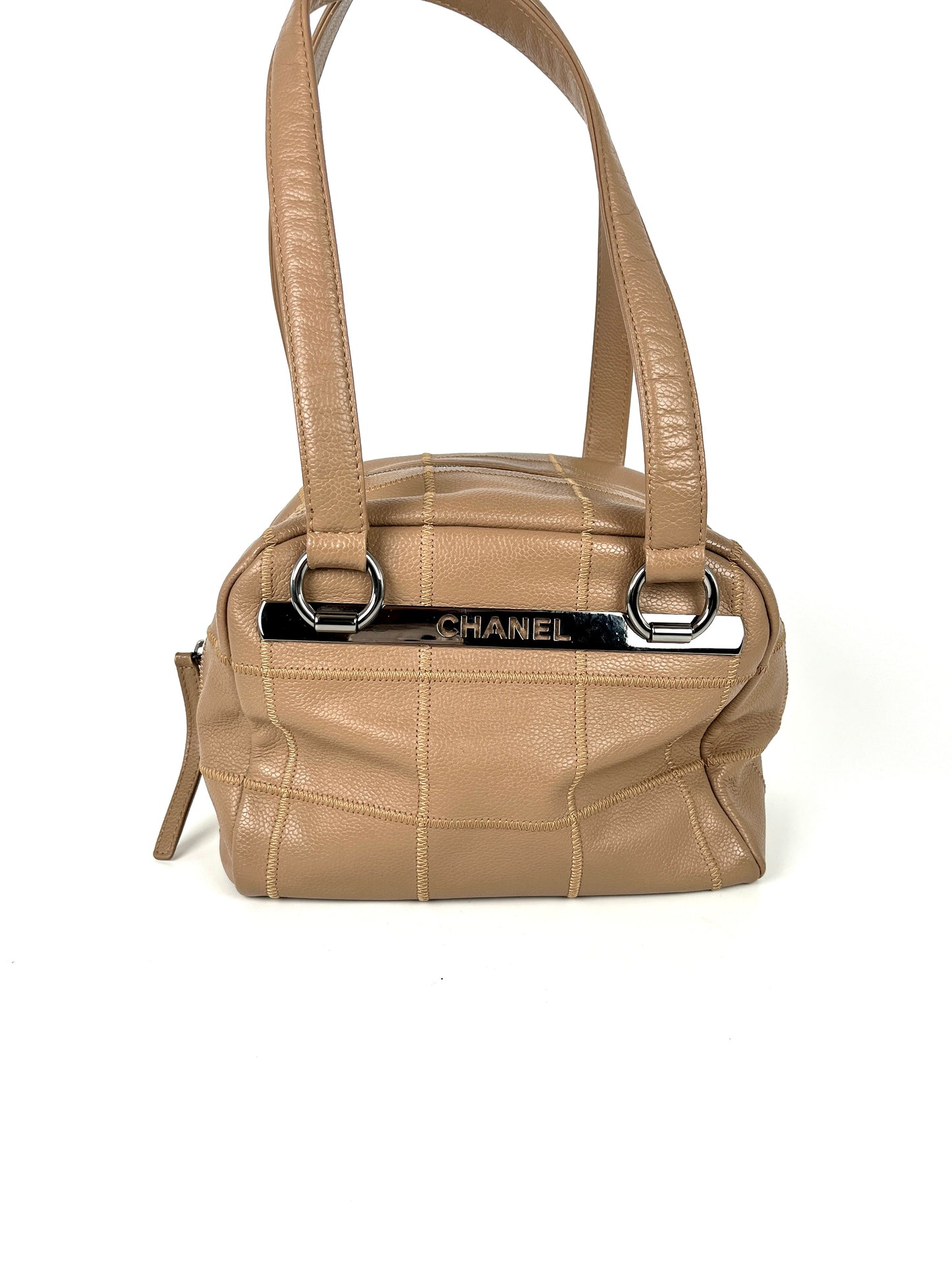 Vintage CHANEL LAX Square Quilt Bowler Dark Beige Leather Bag