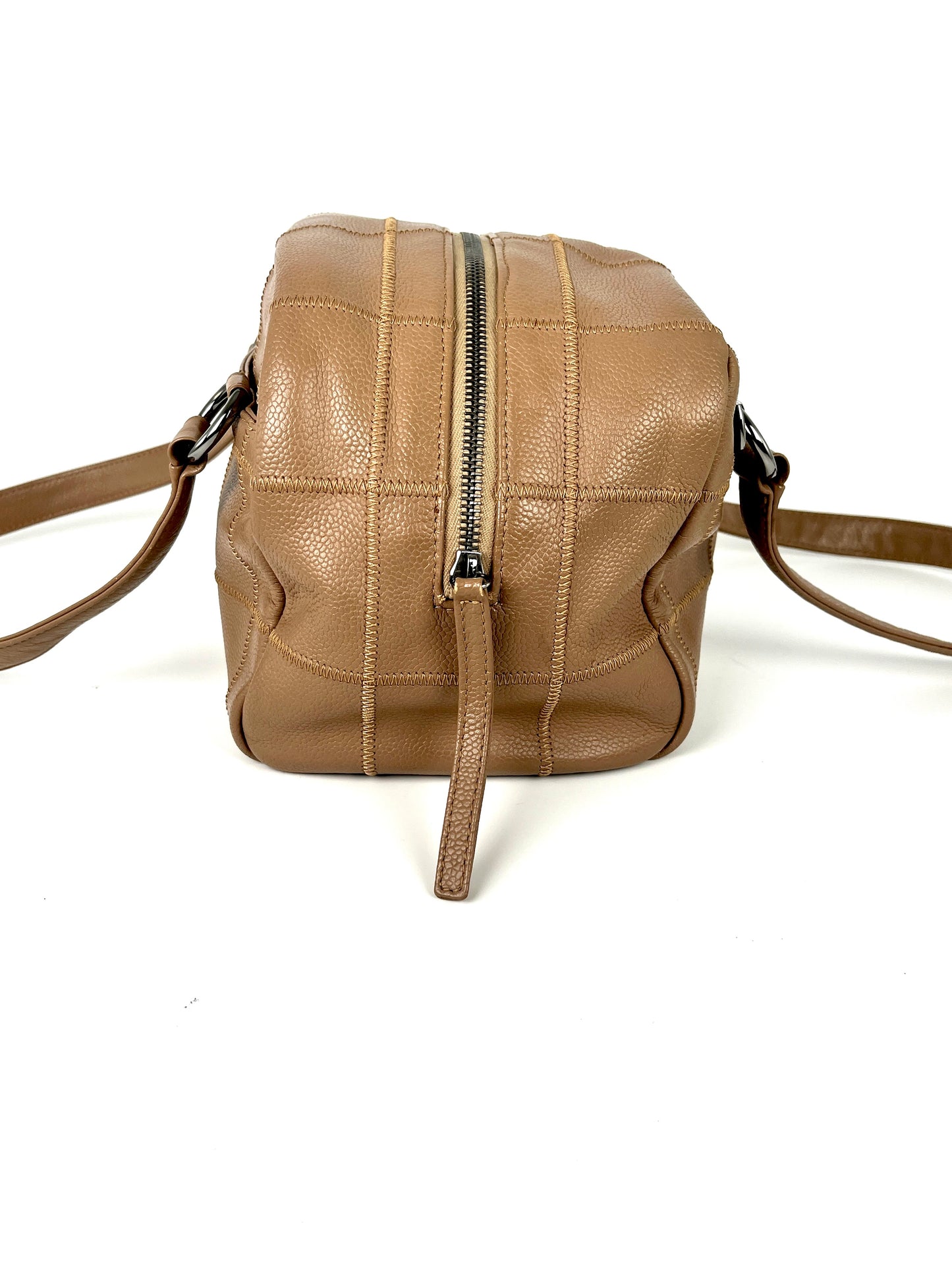 Vintage CHANEL LAX Square Quilt Bowler Dark Beige Leather Bag