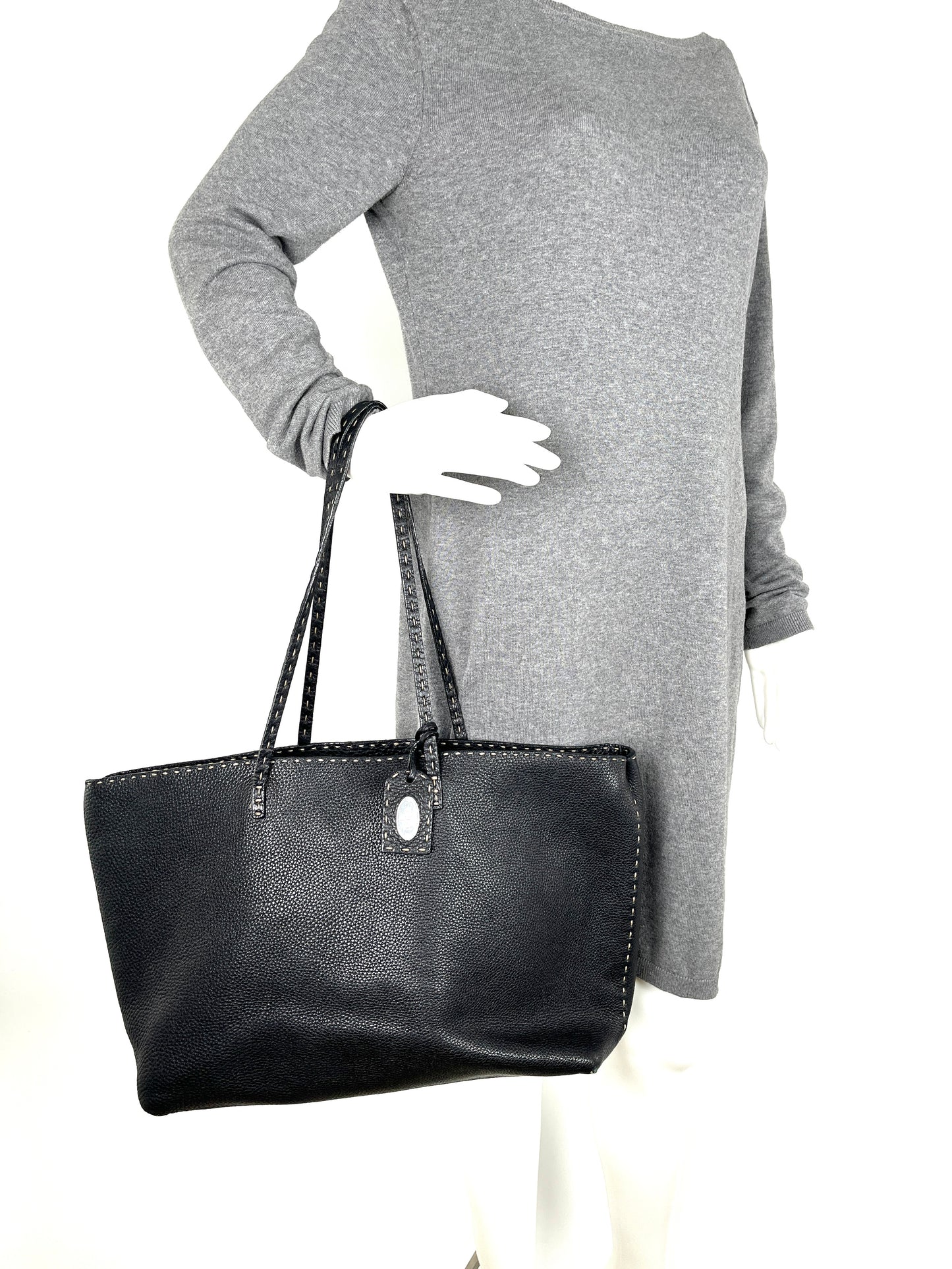 FENDI Sellier Roll Black Leather Shoulder Tote Bag