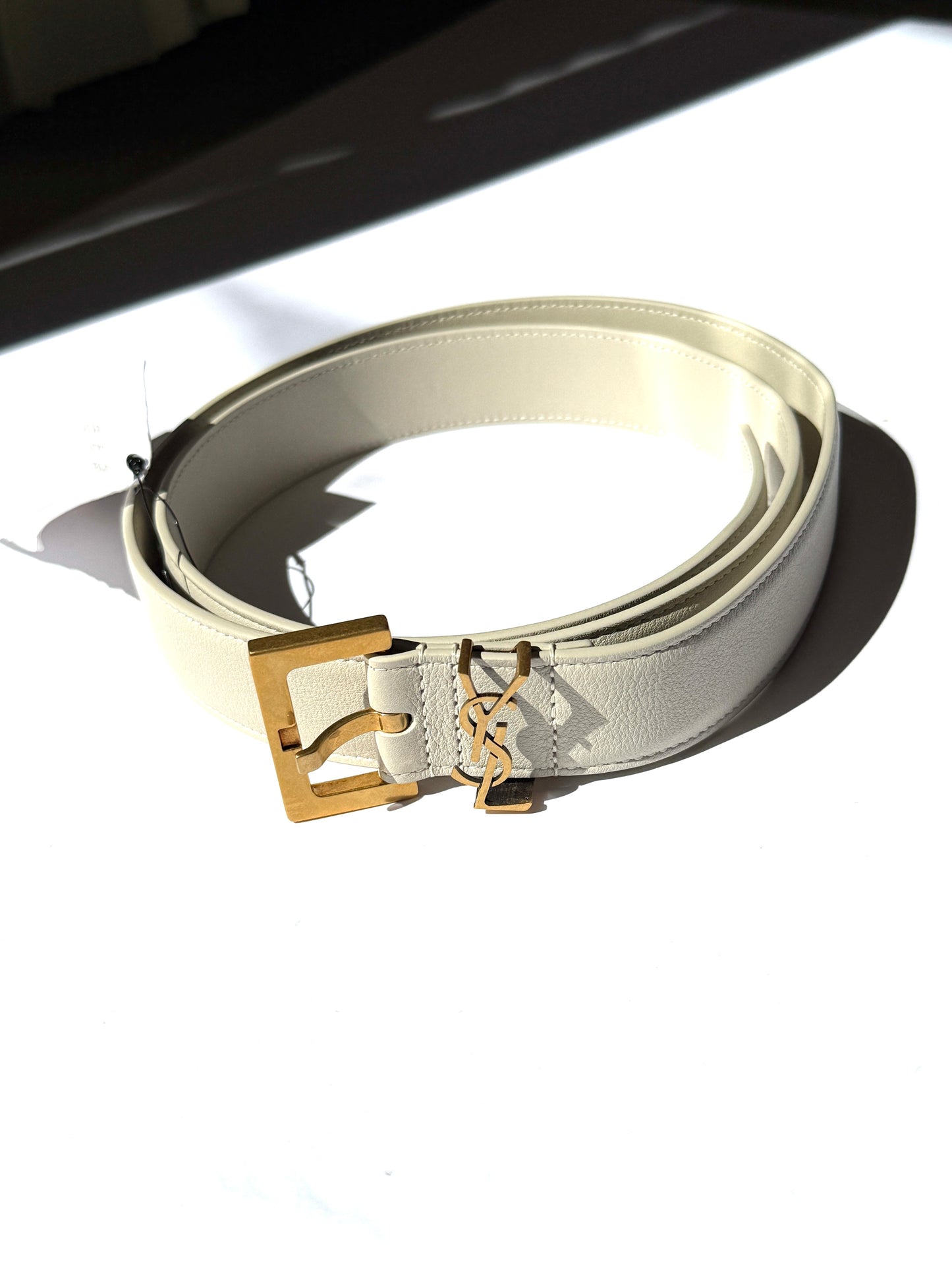 NWT Saint Laurent YSL Cassandre Cream Soft Square Buckle Leather Logo Belt 3cm 100
