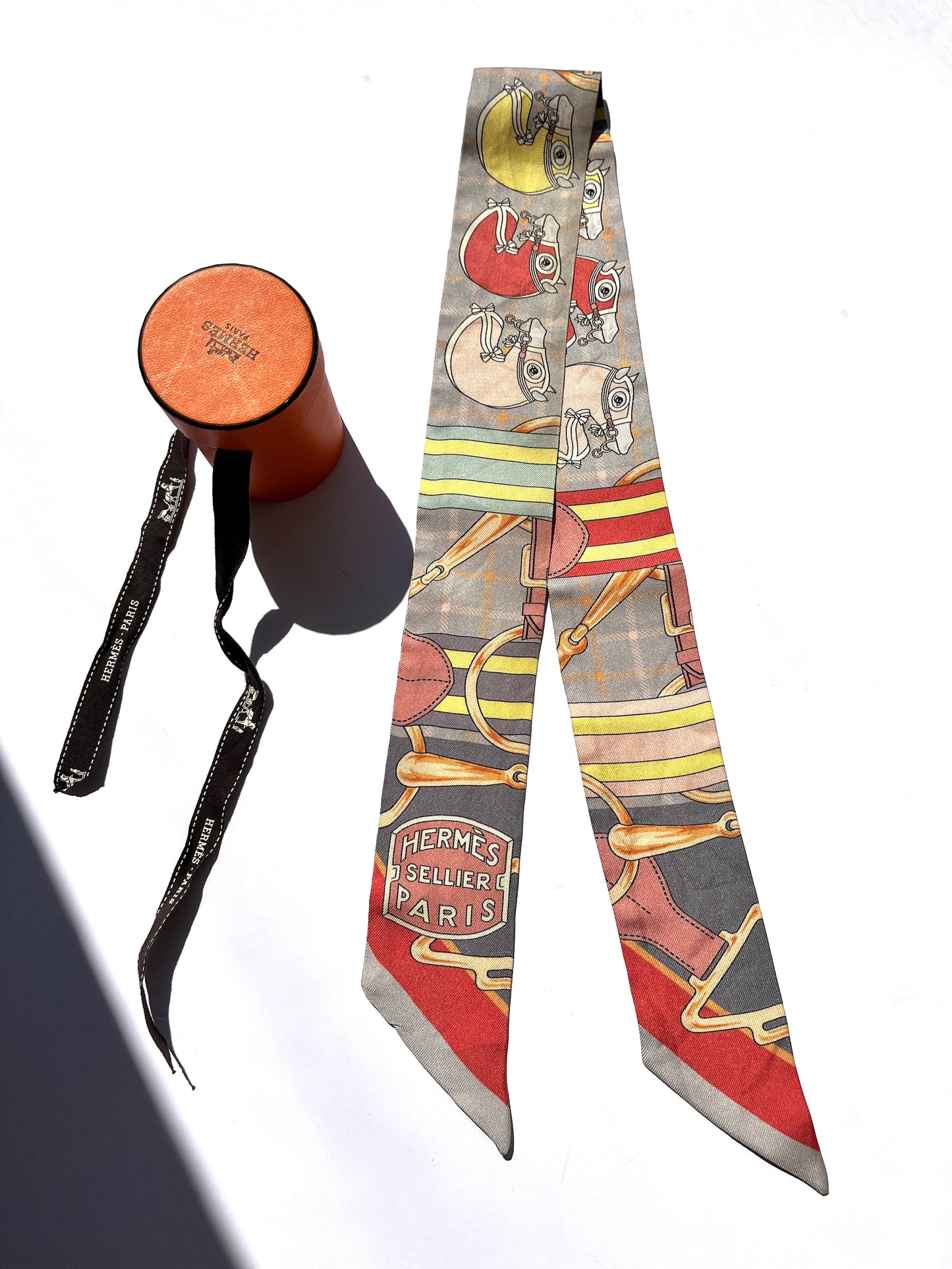 Hermes Horse Head Print Gray Yellow Silk Twilly Scarf