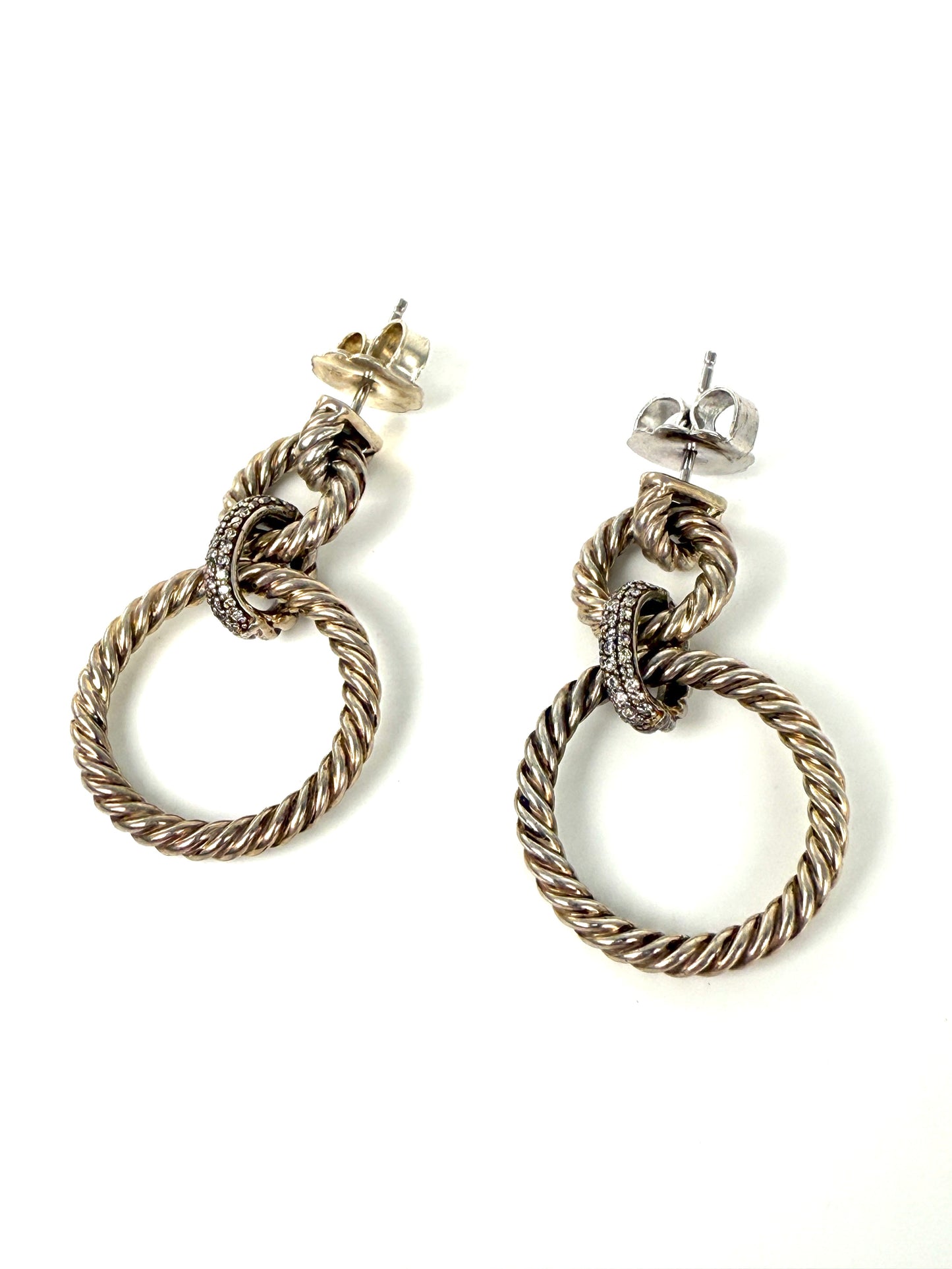 David Yurman Mercer Circular Mobile Cable Diamond Drop Silver Earrings