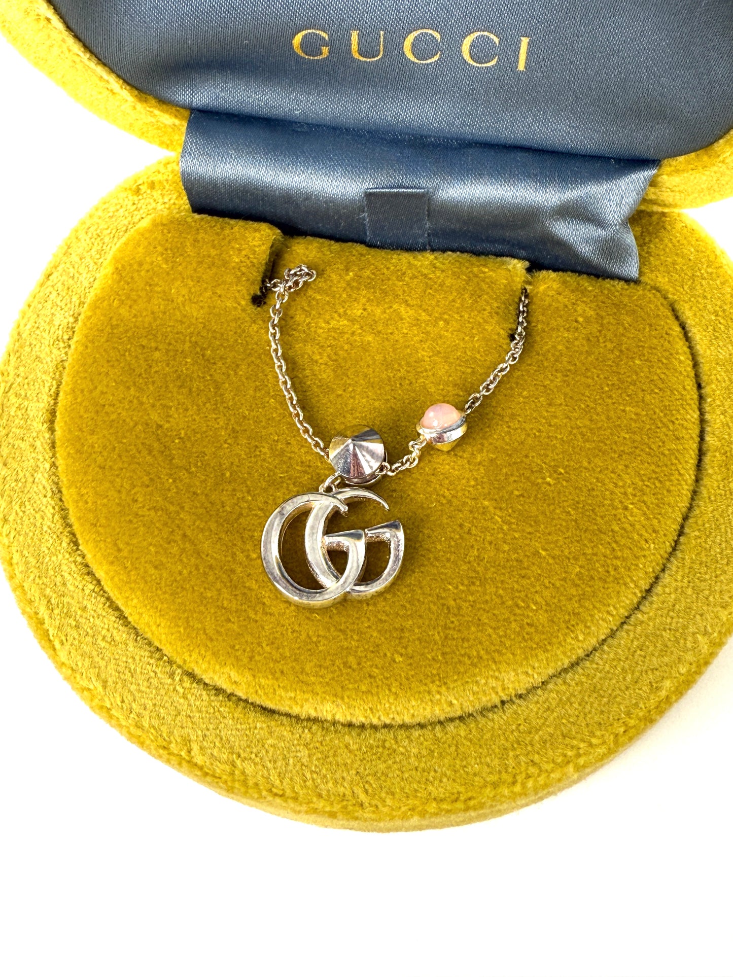 GUCCI Silver Marmont Mother of Pearl GG Logo Pendant Necklace