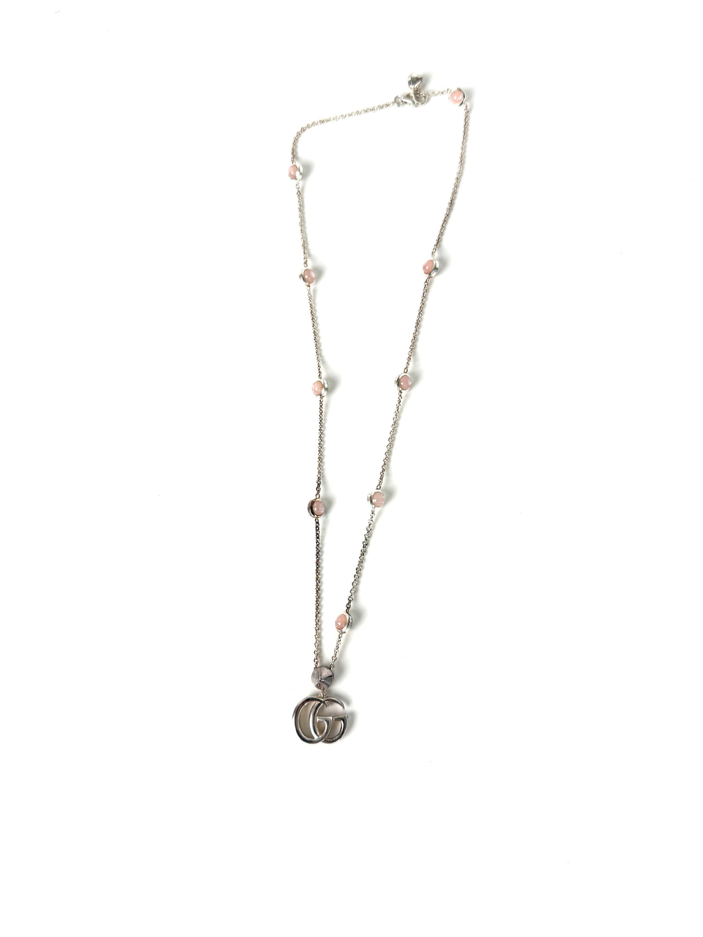 GUCCI Silver Marmont Mother of Pearl GG Logo Pendant Necklace
