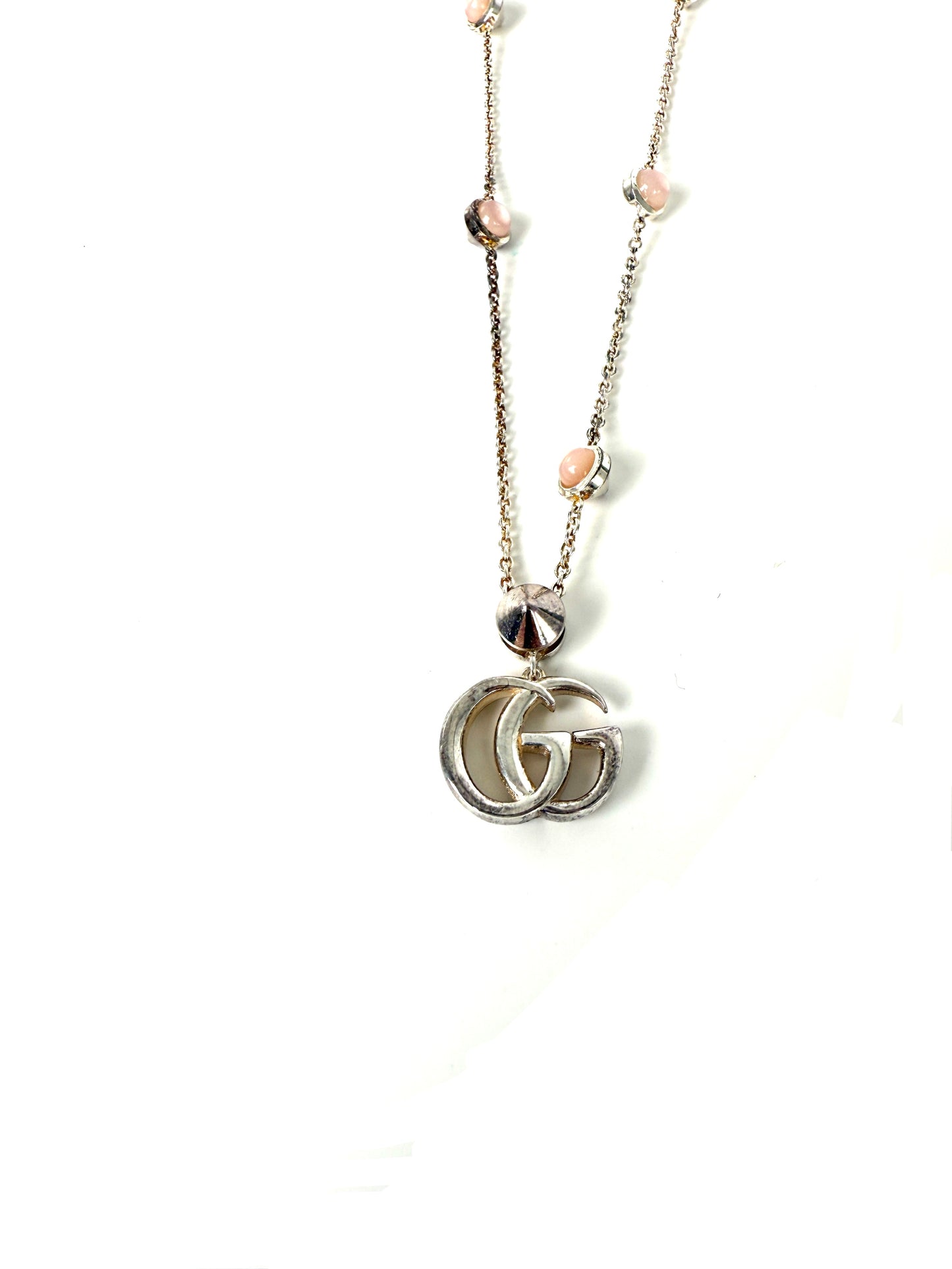 GUCCI Silver Marmont Mother of Pearl GG Logo Pendant Necklace