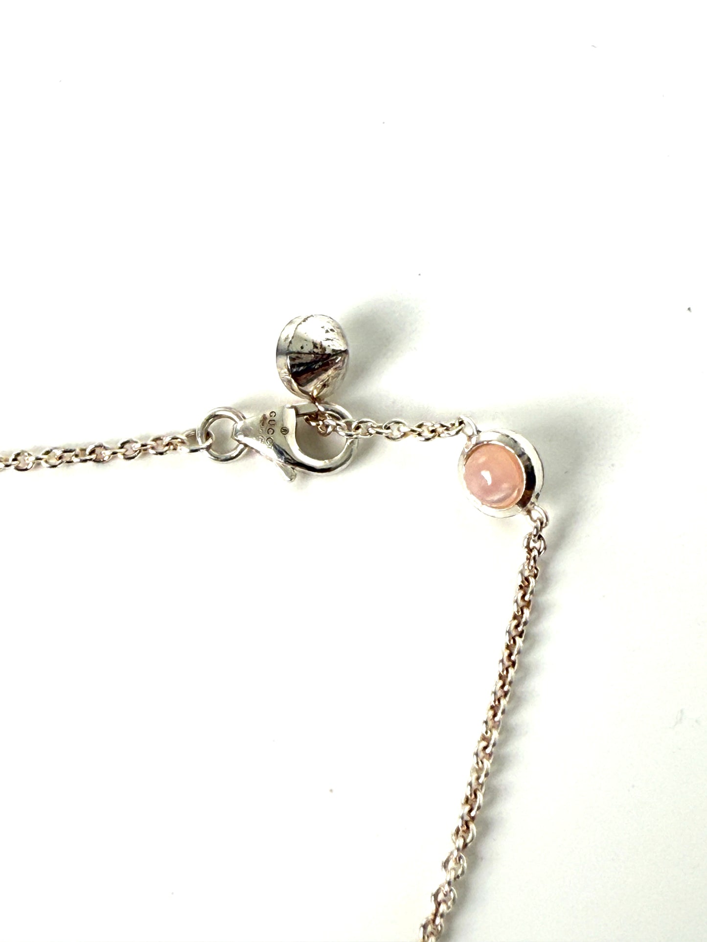 GUCCI Silver Marmont Mother of Pearl GG Logo Pendant Necklace