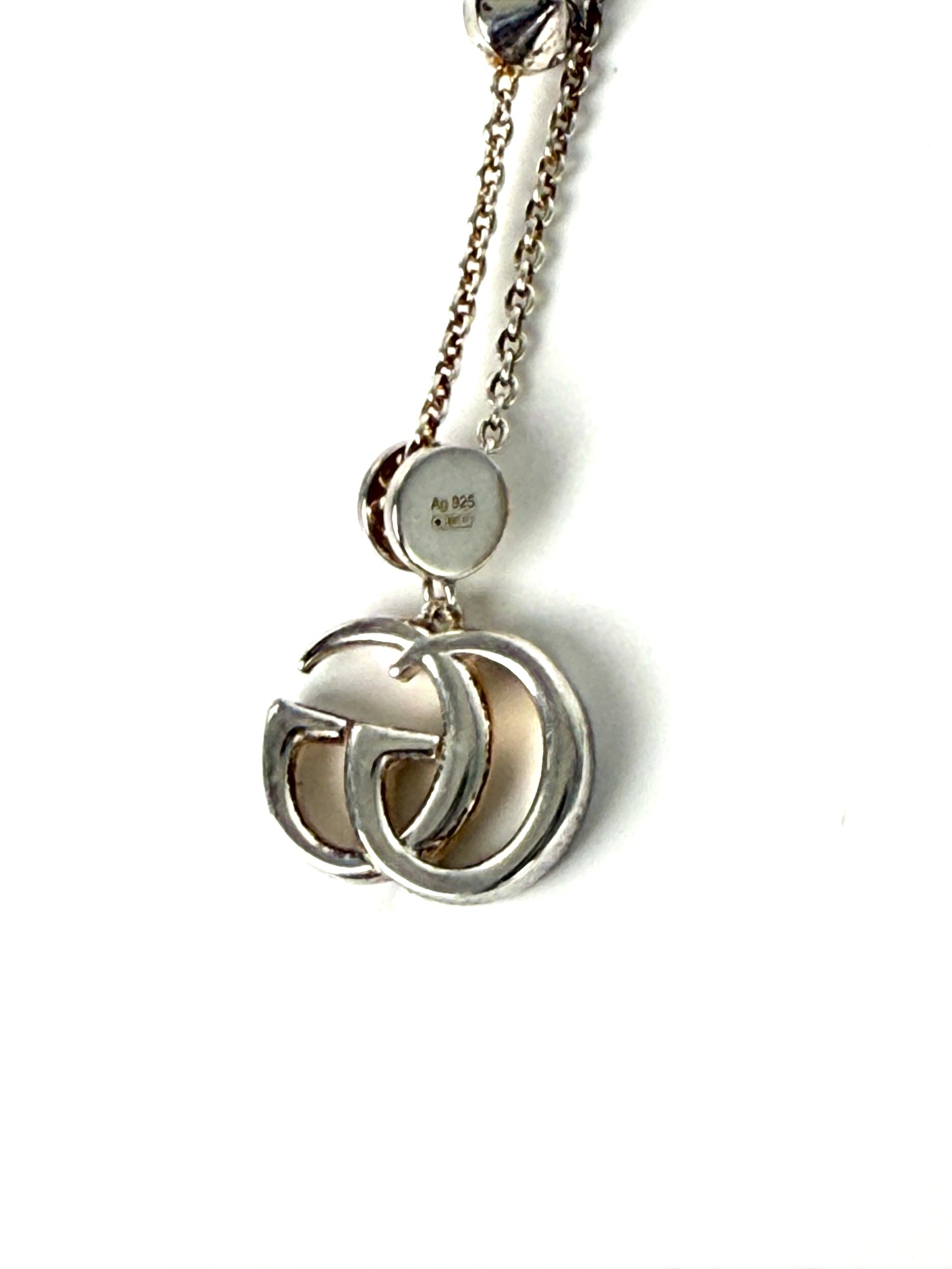 GUCCI Silver Marmont Mother of Pearl GG Logo Pendant Necklace