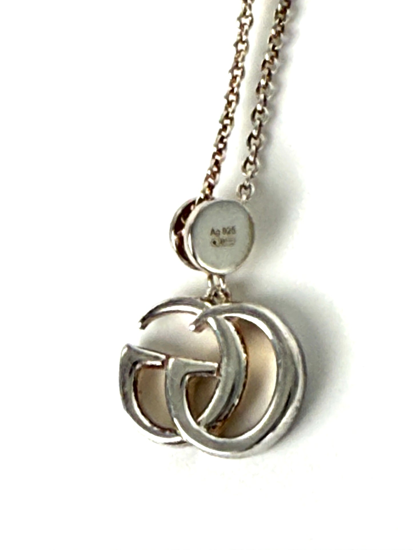 GUCCI Silver Marmont Mother of Pearl GG Logo Pendant Necklace