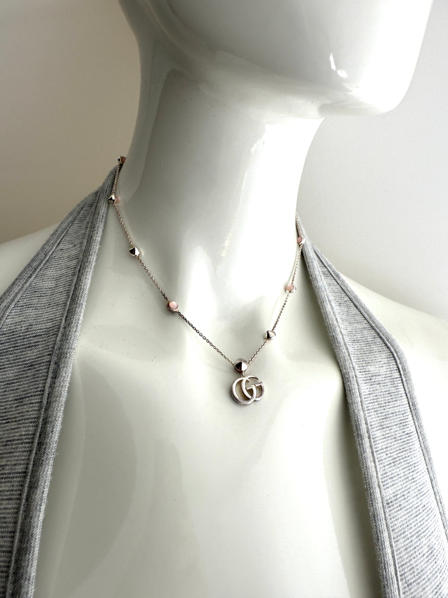 GUCCI Silver Marmont Mother of Pearl GG Logo Pendant Necklace
