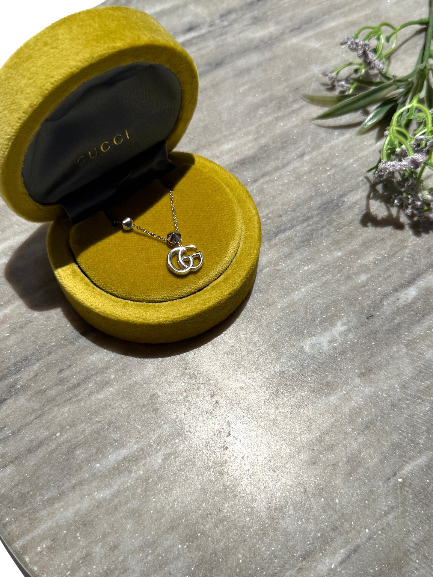GUCCI Silver Marmont Mother of Pearl GG Logo Pendant Necklace