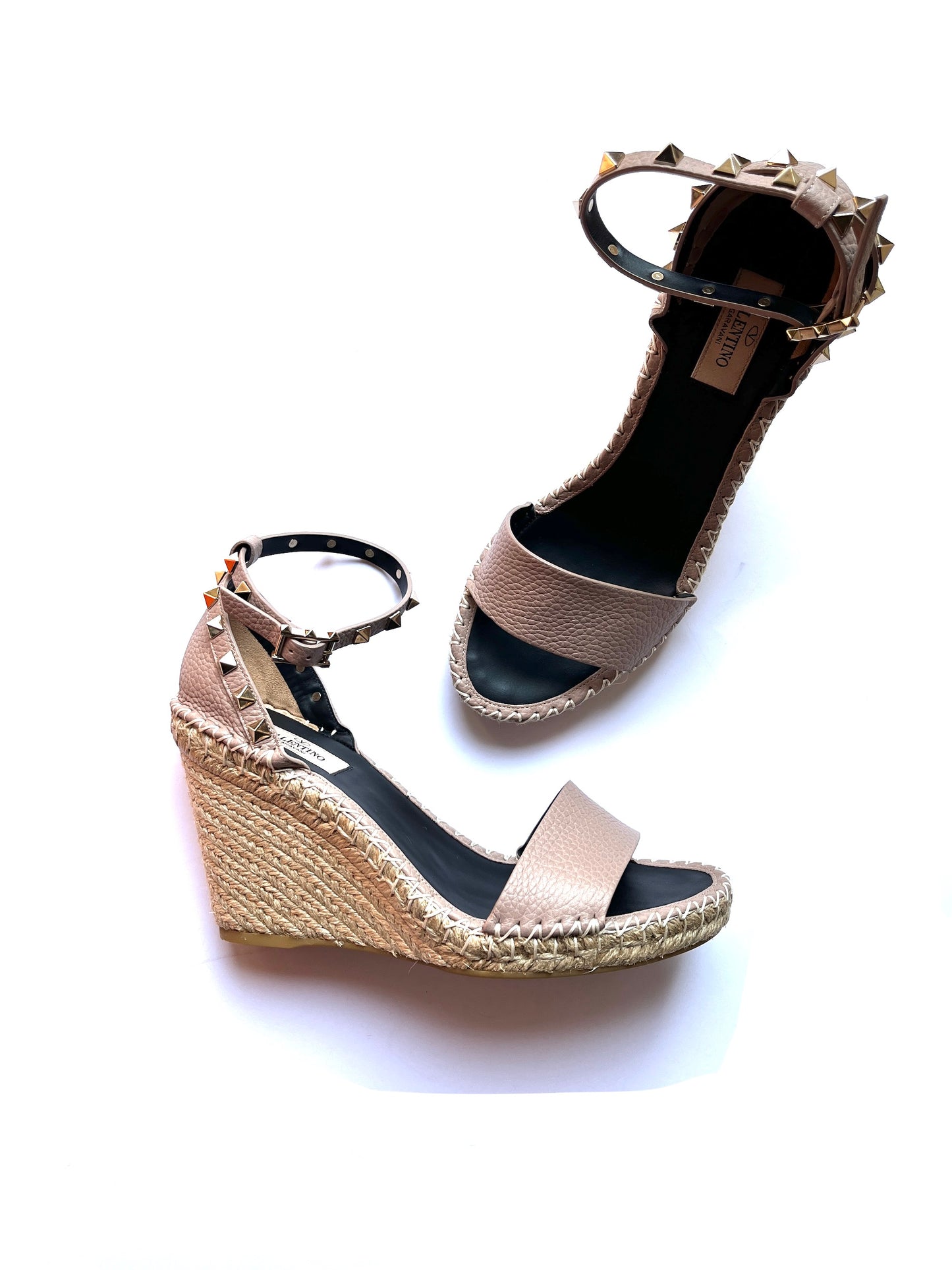 VALENTINO Rockstud Nude Wedge Espadrille Sandals 39 8.5