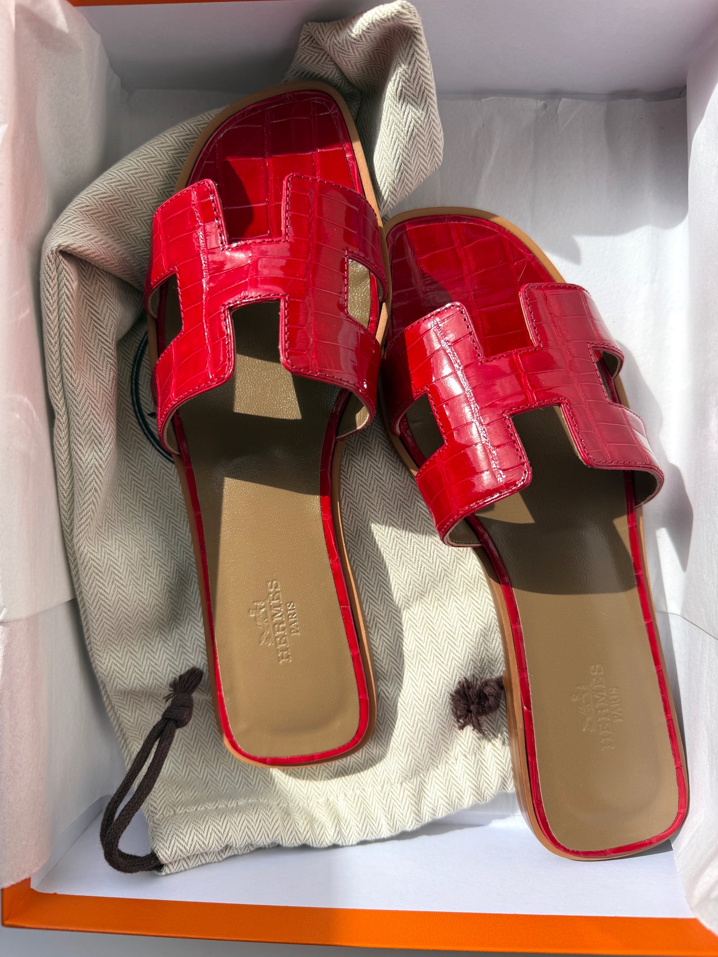Hermes Oran Red Braise Shiny Crocodile Leather Slide Sandals 37 NIB
