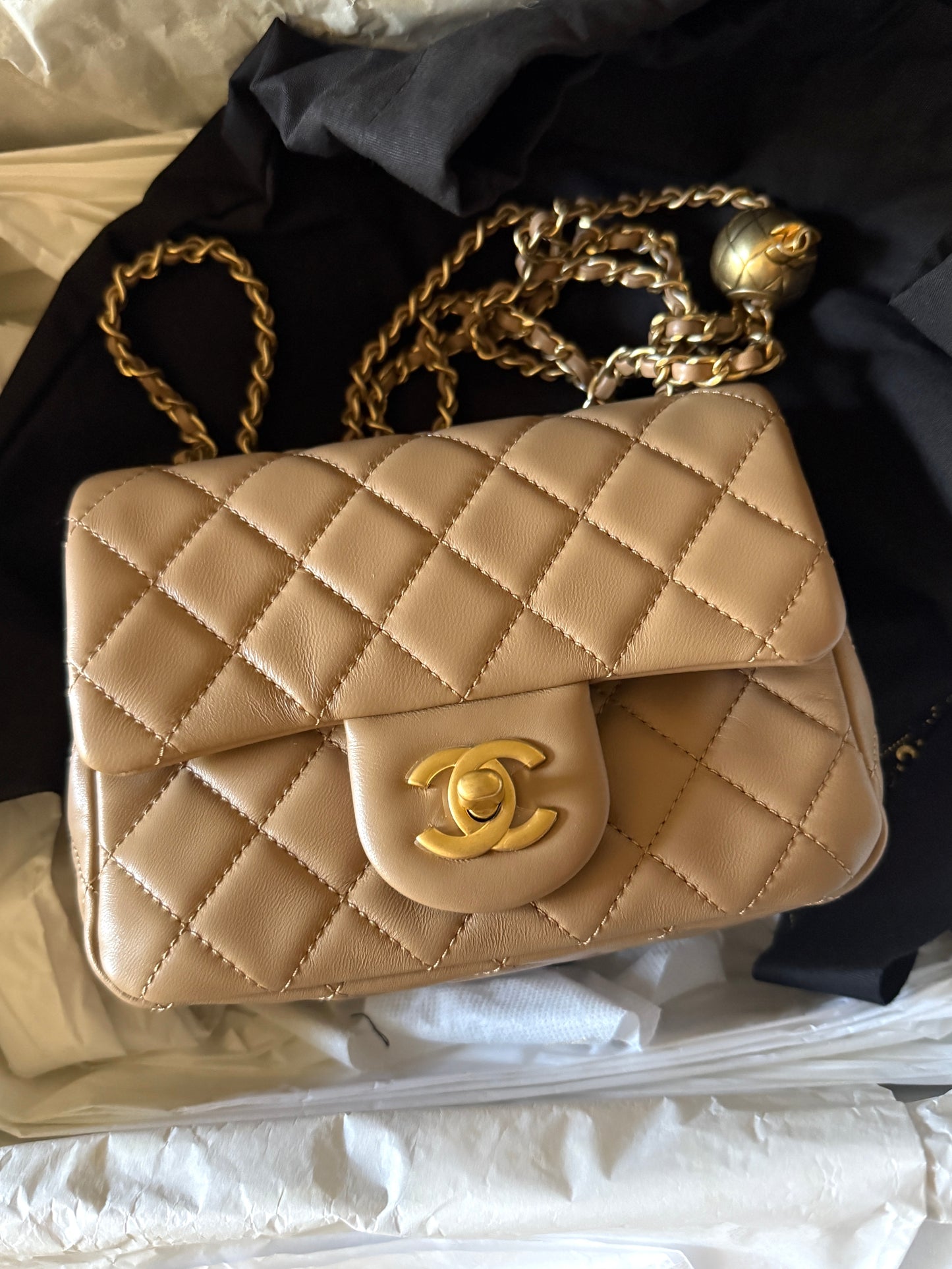 New CHANEL Mini Pearl Crush Lambskin Quilted Dark Beige Flap Crossbody Bag