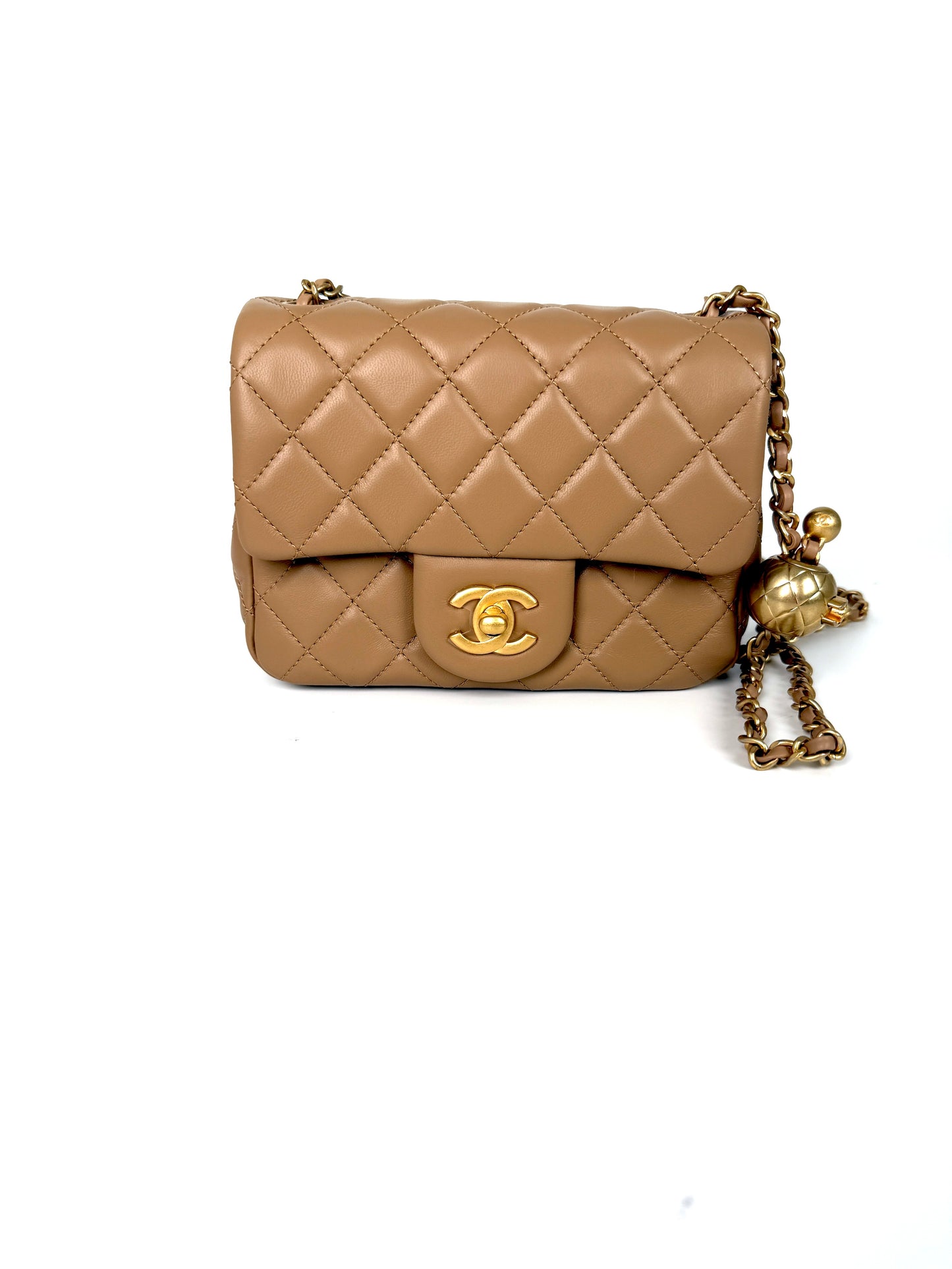 New CHANEL Mini Pearl Crush Lambskin Quilted Dark Beige Flap Crossbody Bag